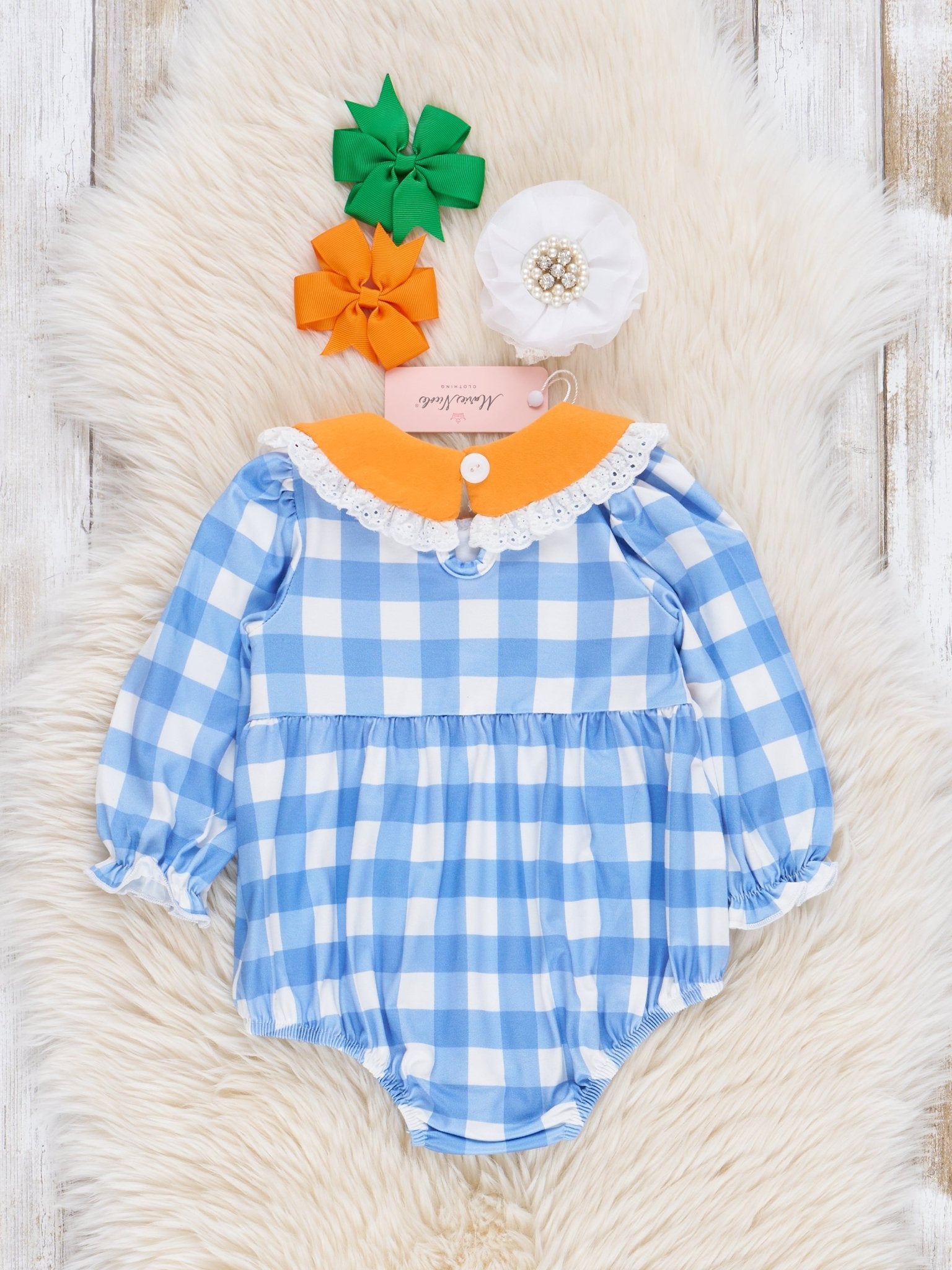 Blue Plaid & Pumpkin Smocked Bubble Romper - Marie Nicole Clothing