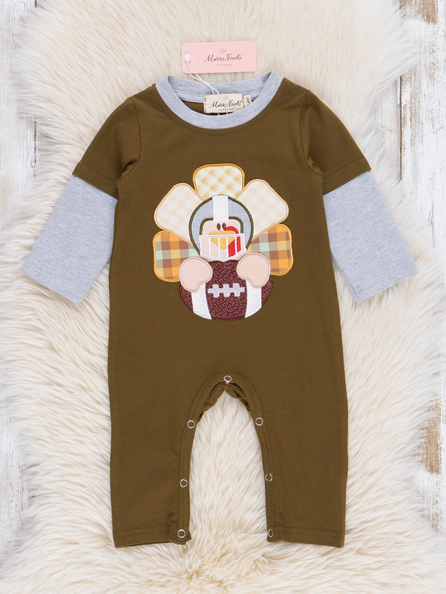 Olive Embroidered Turkey Romper - Marie Nicole Clothing