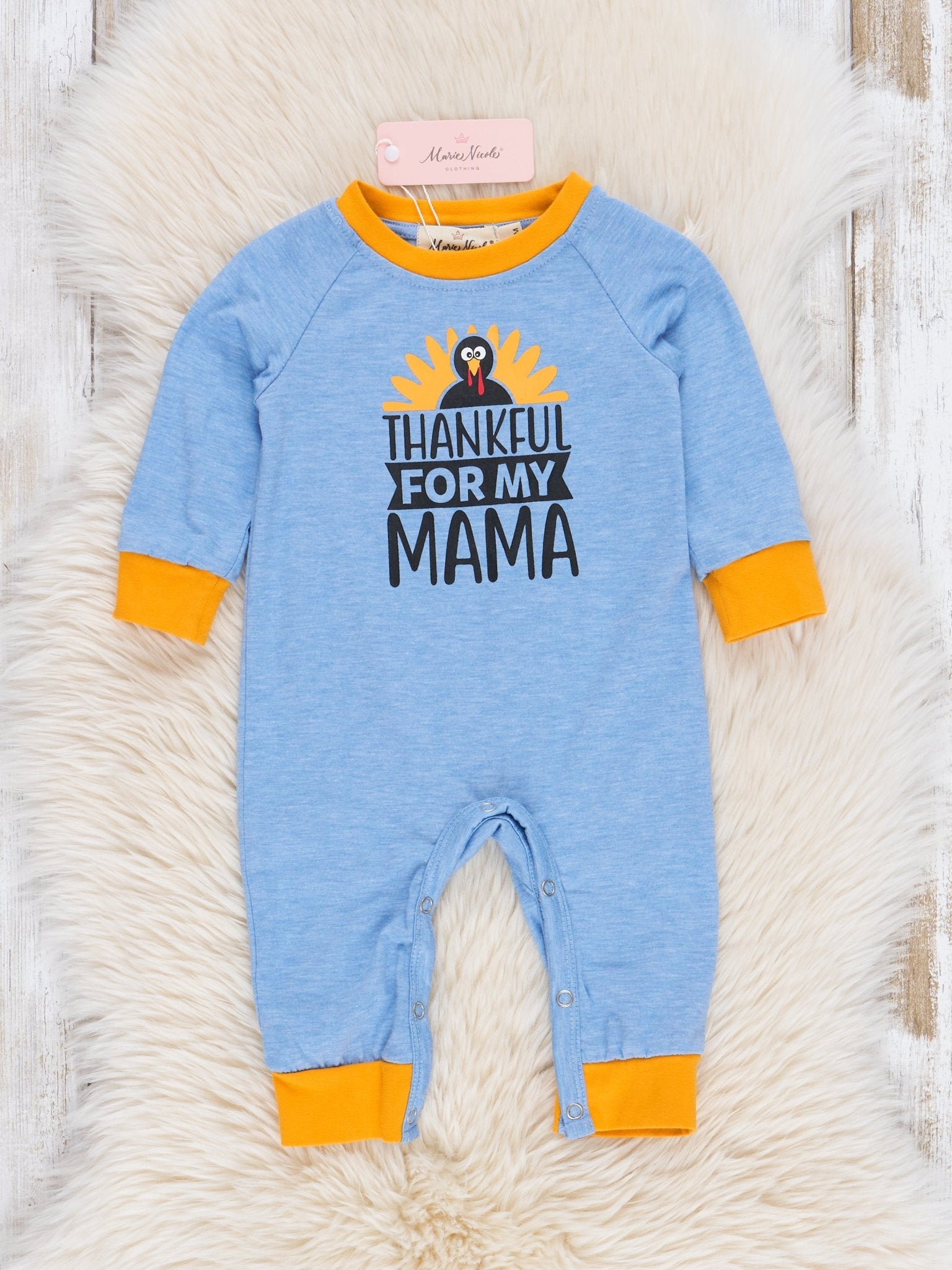 Heather Blue "Thankful for My Mama" Romper - Marie Nicole Clothing