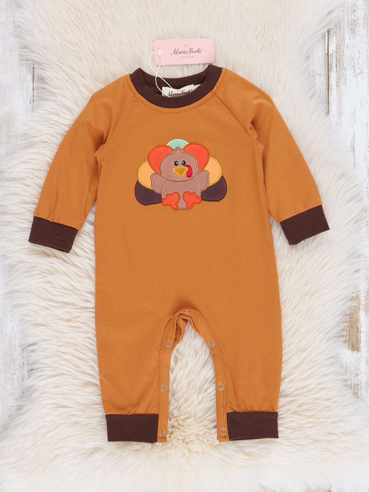 Orange & Brown Embroidered Turkey Romper - Marie Nicole Clothing