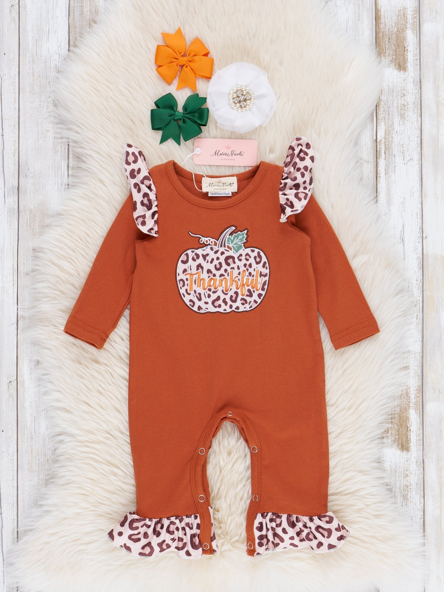 Bronze & Olive Leopard Pumpkin Ruffle Romper - Marie Nicole Clothing