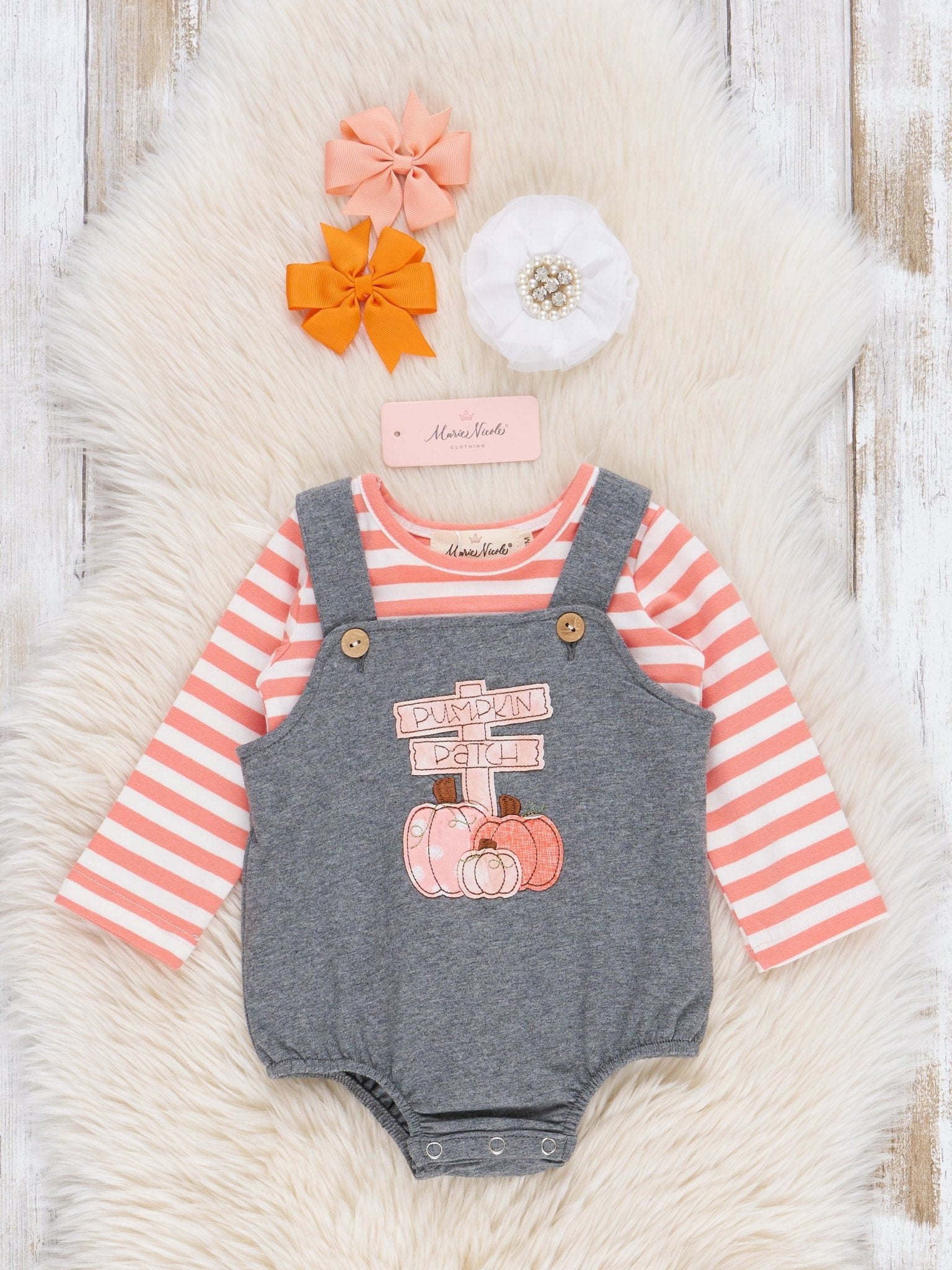 Orange & Grey Pumpkin Patch Bubble Overall Set - Marie Nicole Clothing