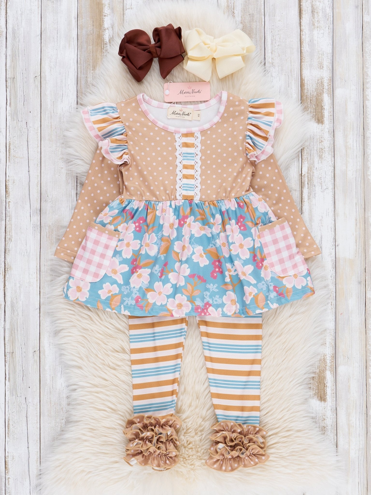 Long - Sleeved Mixed Print Ruffle Outfit - Marie Nicole Clothing