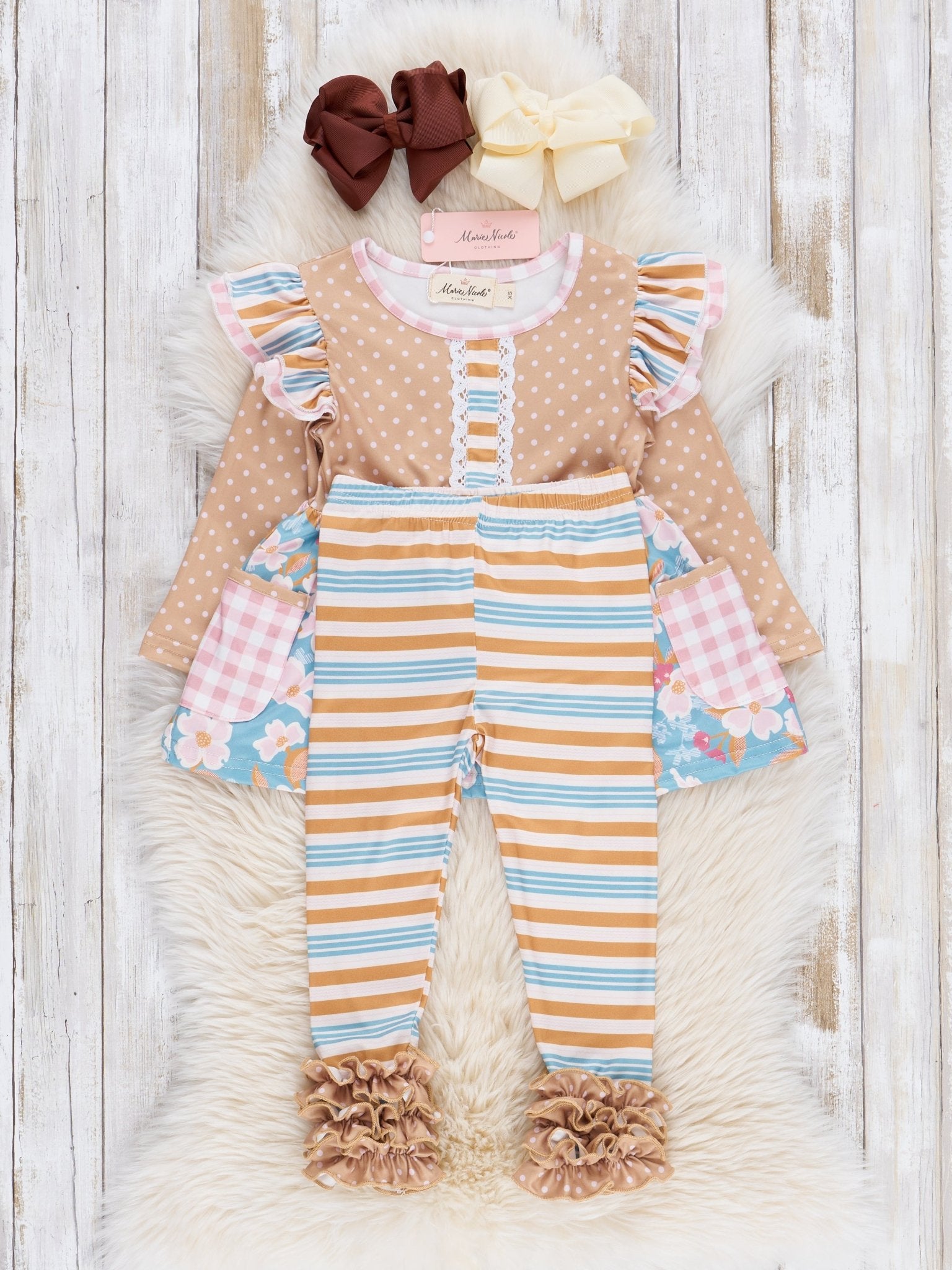 Long - Sleeved Mixed Print Ruffle Outfit - Marie Nicole Clothing