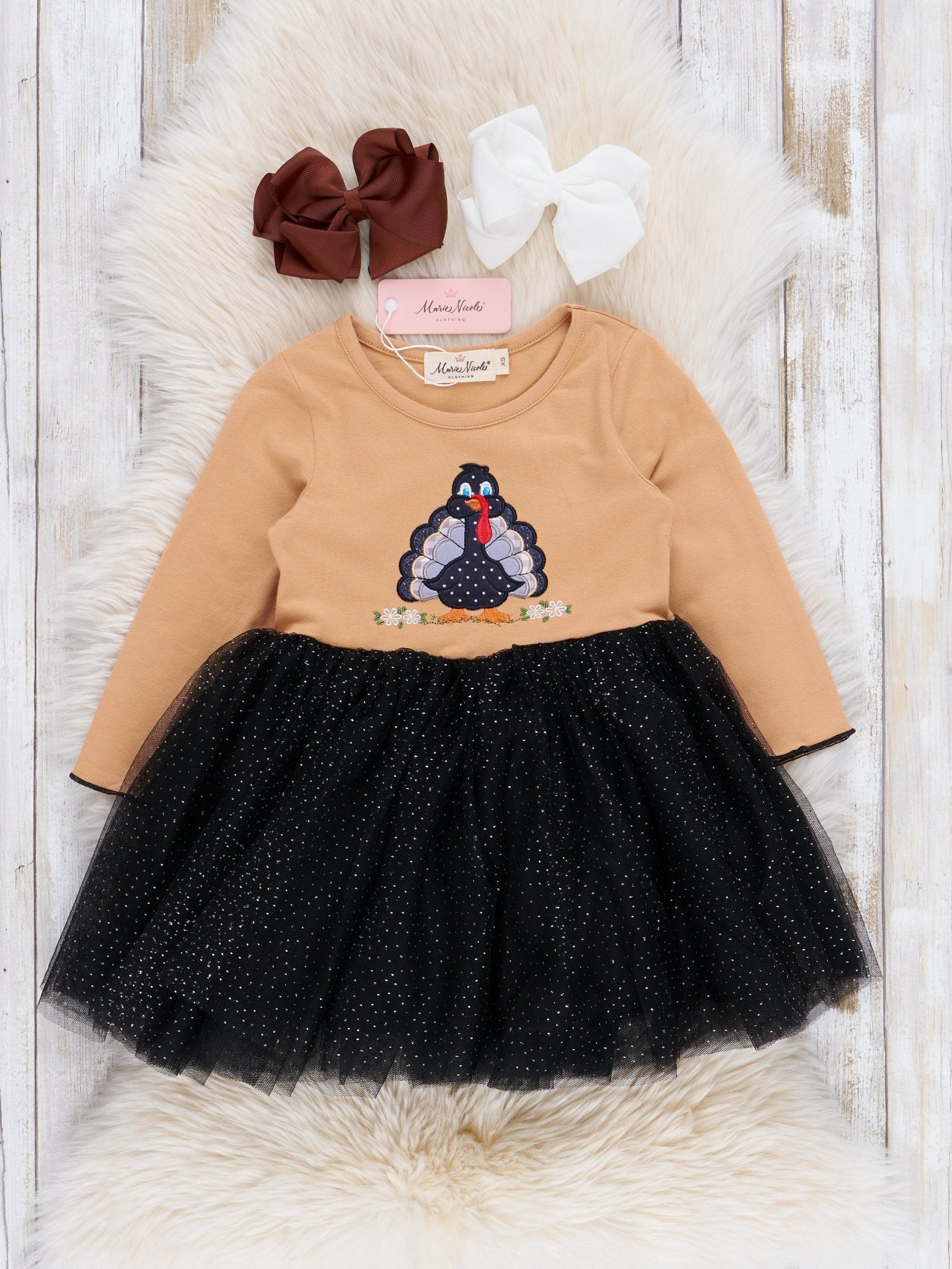 Tan & Black Sparkle Embroidered Turkey Tulle Dress - Marie Nicole Clothing