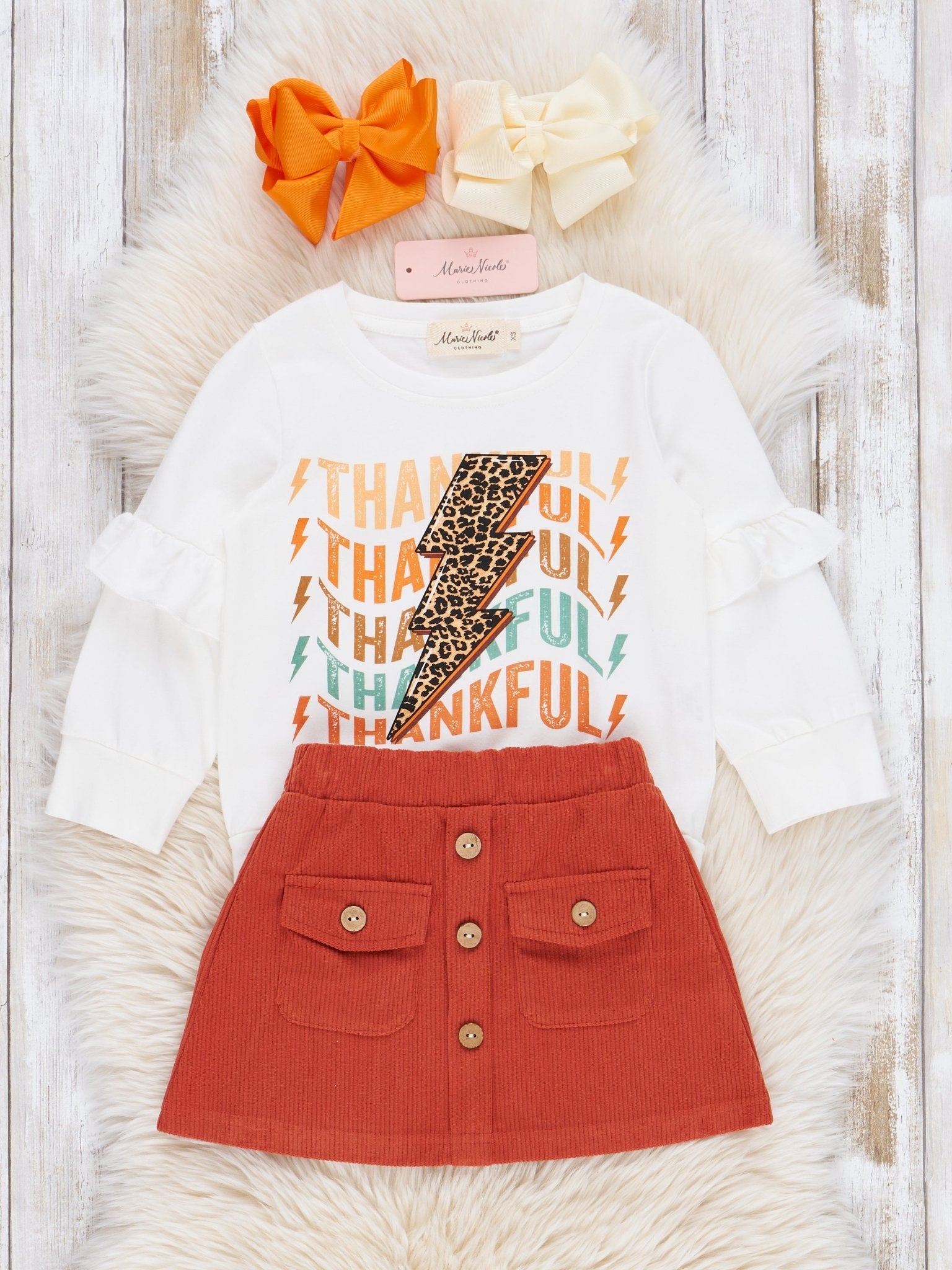 Orange "Thankful" Suede Outfit w/ Skirt - Marie Nicole Clothing
