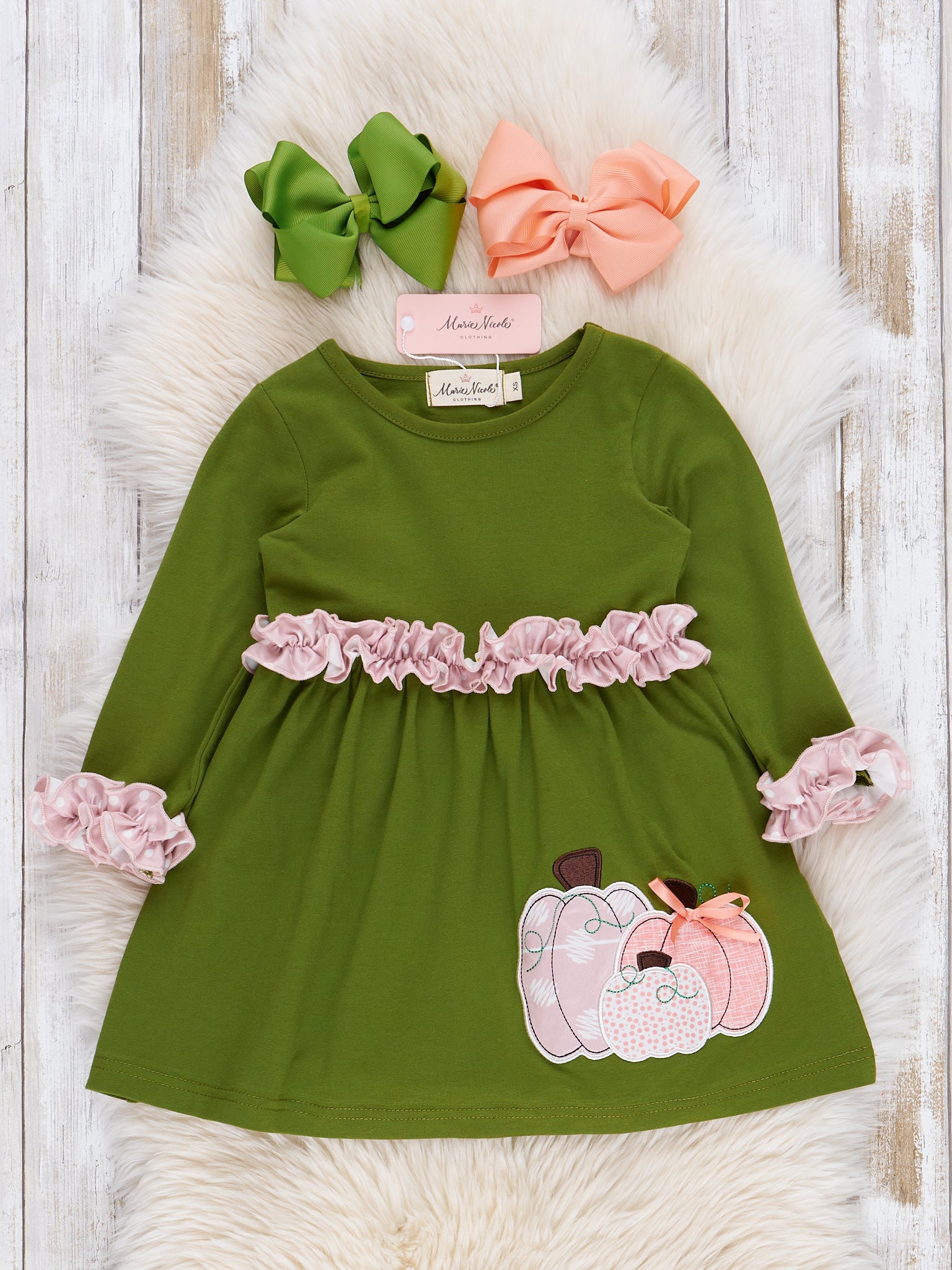 Green & Peach Embroidered Pumpkin Patch Ruffle Dress Green & Peach Embroidered Pumpkin Patch Ruffle Dress