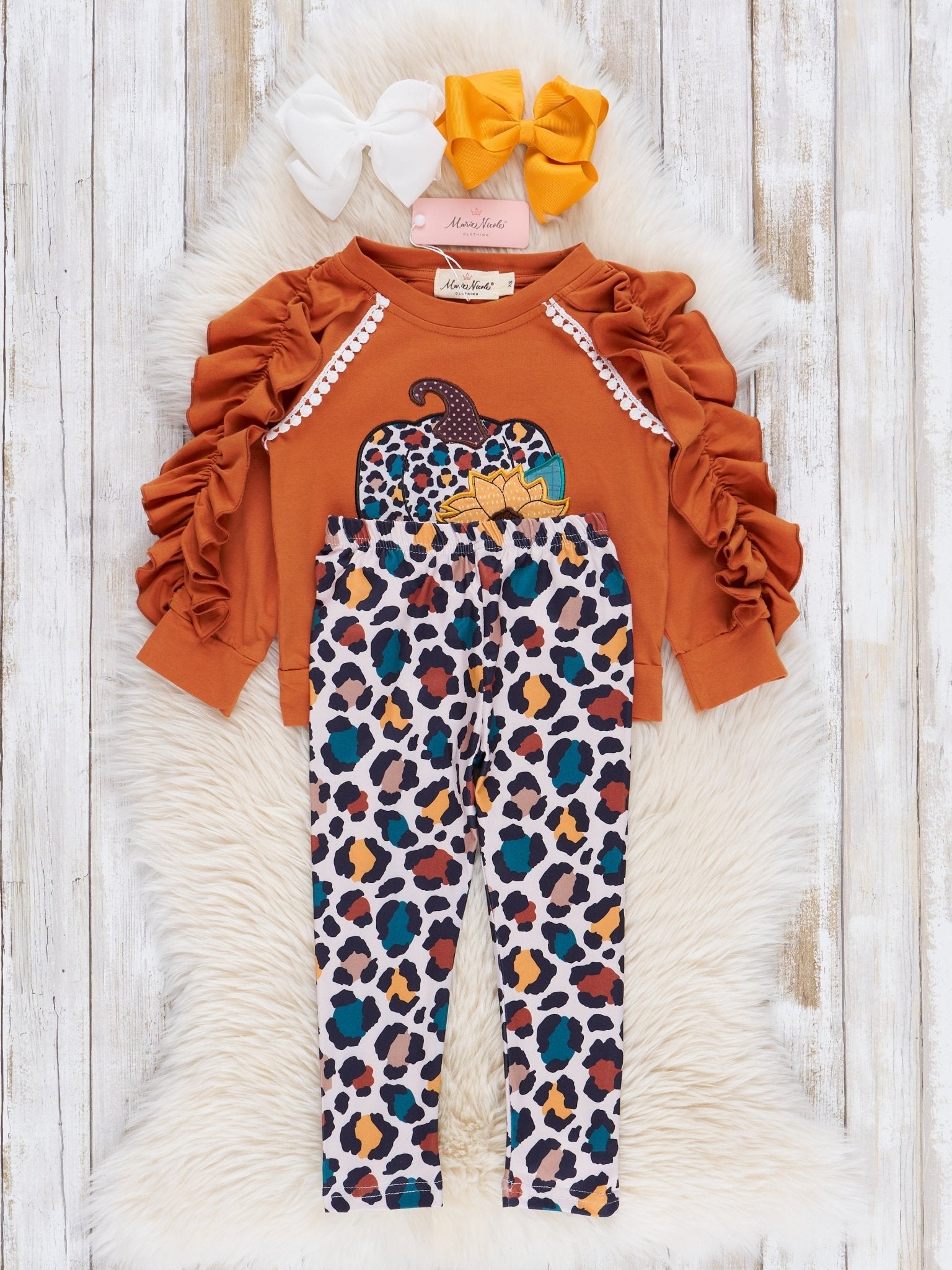 Bronze & Teal Leopard Harvest Ruffle Outfit - Marie Nicole Clothing