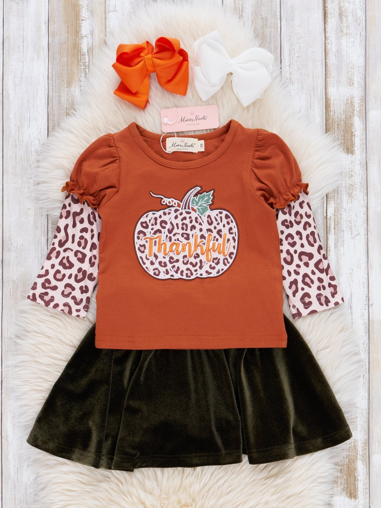 Bronze & Olive Leopard Pumpkin Velvet Outfit w/ Skirt - Marie Nicole Clothing