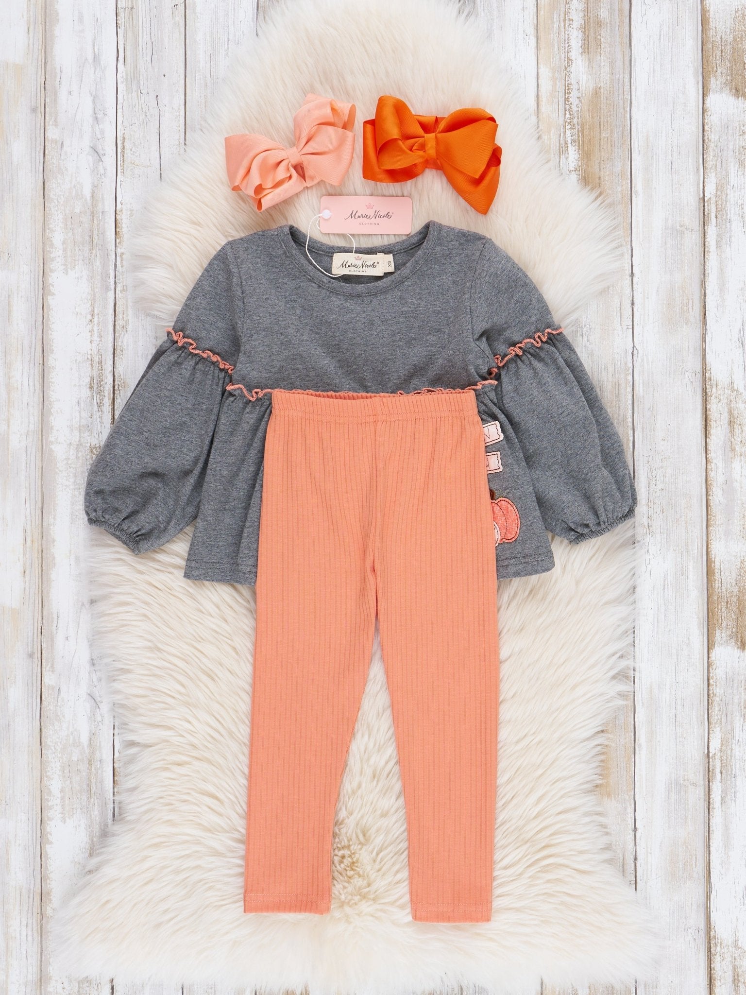 Orange & Grey Pumpkin Patch Bubble Sleeve Outfit - Marie Nicole Clothing
