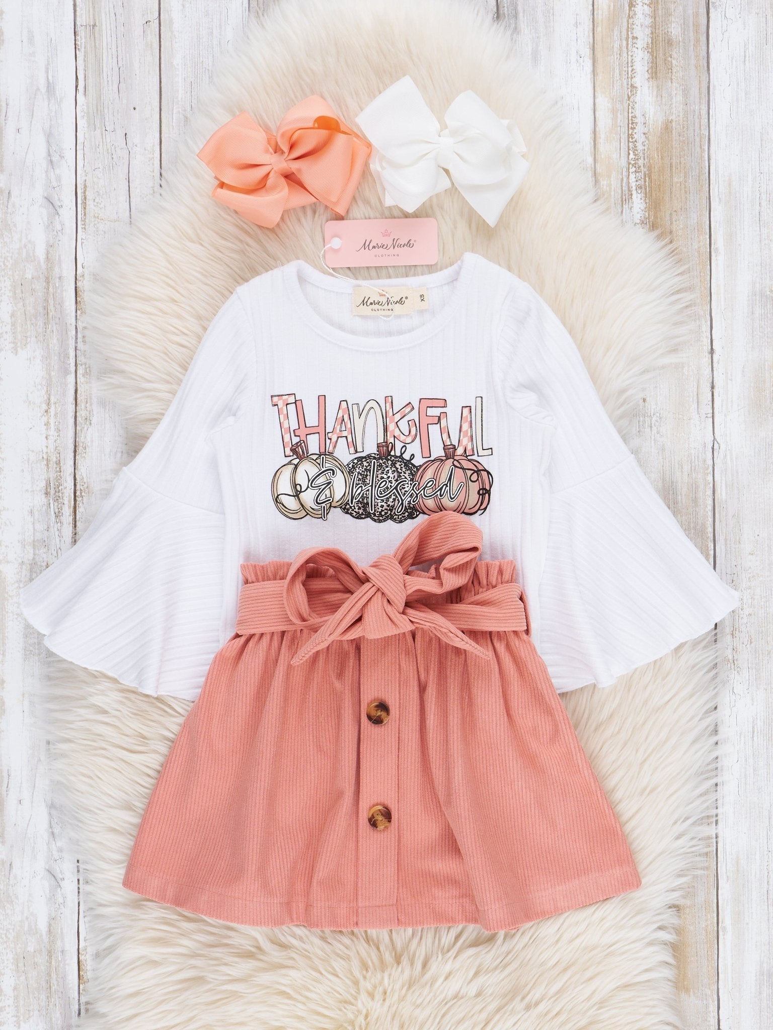 Peach Thankful Pumpkins Outfit w/ Corduroy Skirt - Marie Nicole Clothing
