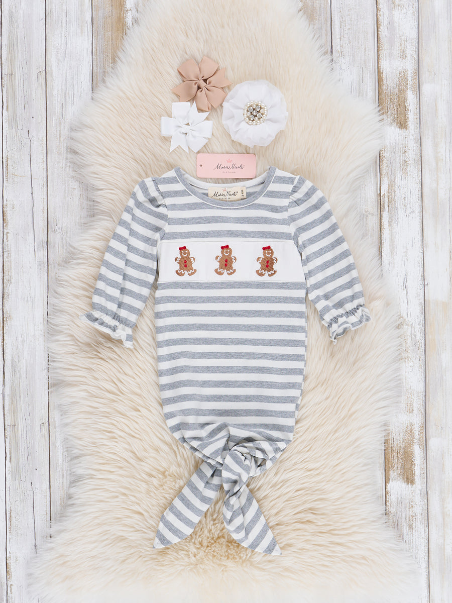 Grey Striped Smocked Gingerbread Knot Gown - Marie Nicole Clothing