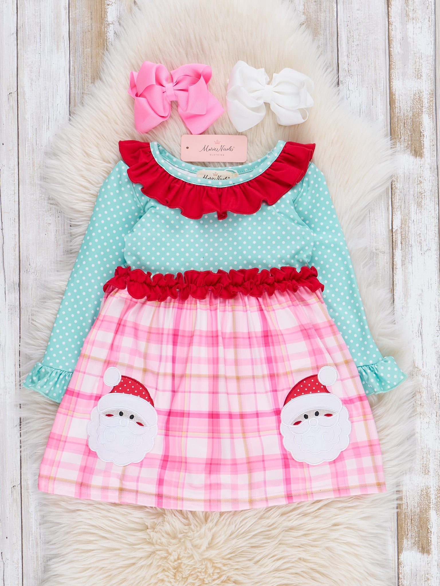Teal Dots & Pink Plaid Santa Ruffle Dress Teal Dots & Pink Plaid Santa Ruffle Dress