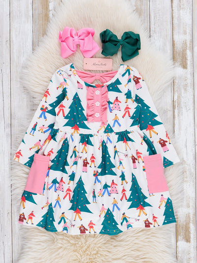 Pink & Green Winter Wonderland Ruffle Dress Marie Nicole Clothing Pink & Green Winter Wonderland Ruffle Dress Marie Nicole Clothing