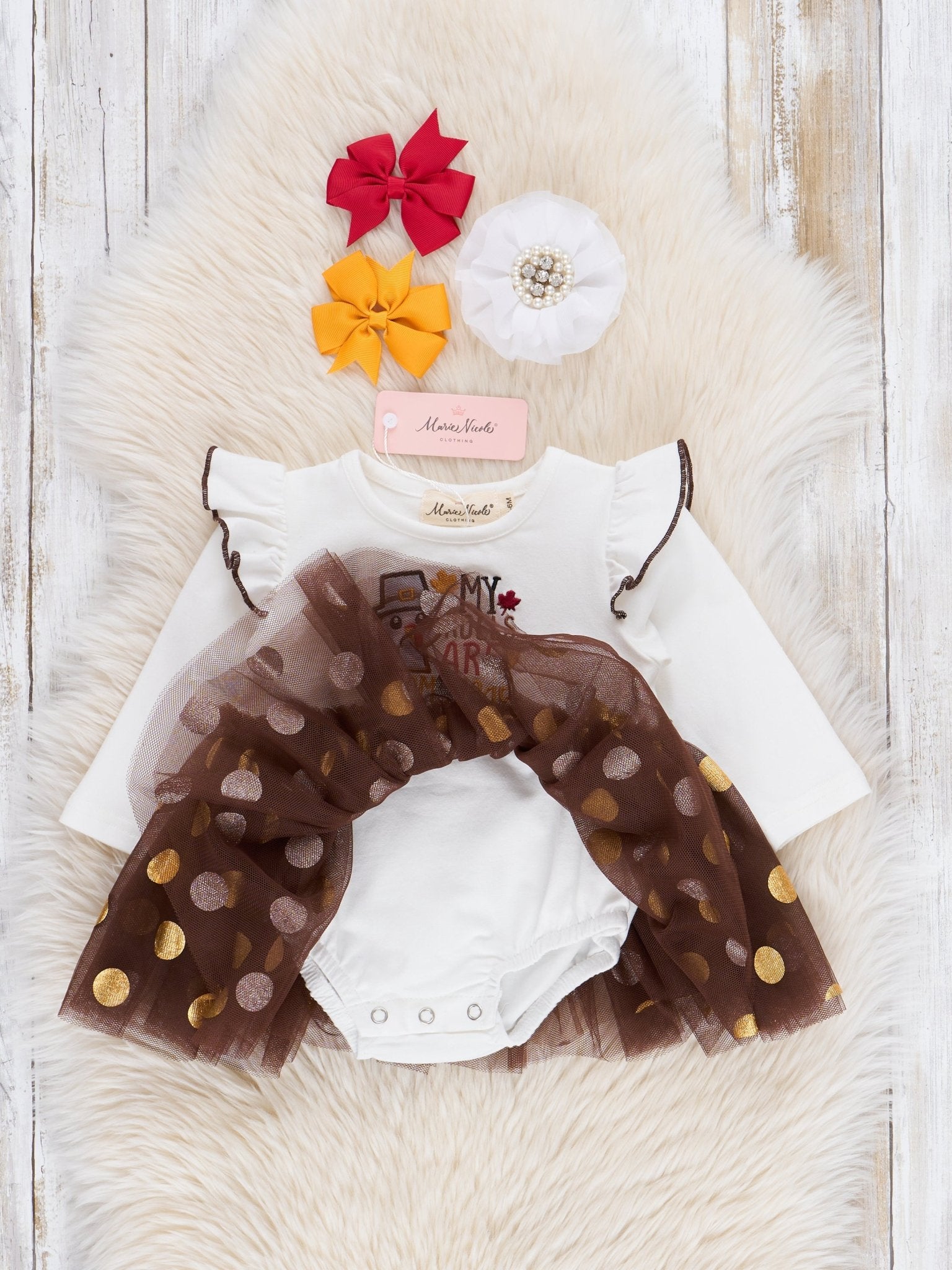 Brown & Gold Dots "Homemade Rolls" Tulle Bubble Romper - Marie Nicole Clothing