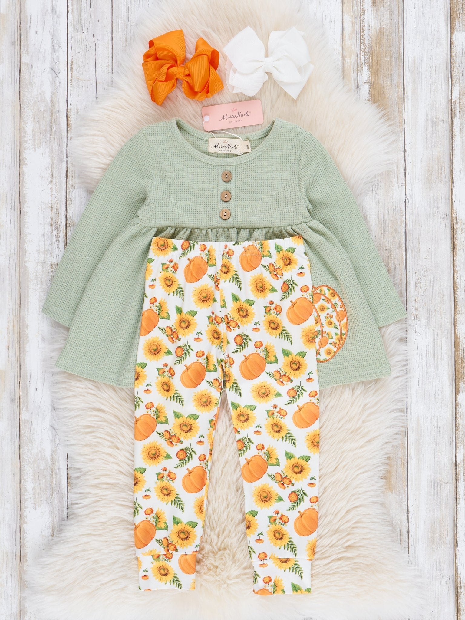 Sage Floral Pumpkin Lace Ruffle Outfit - Marie Nicole Clothing