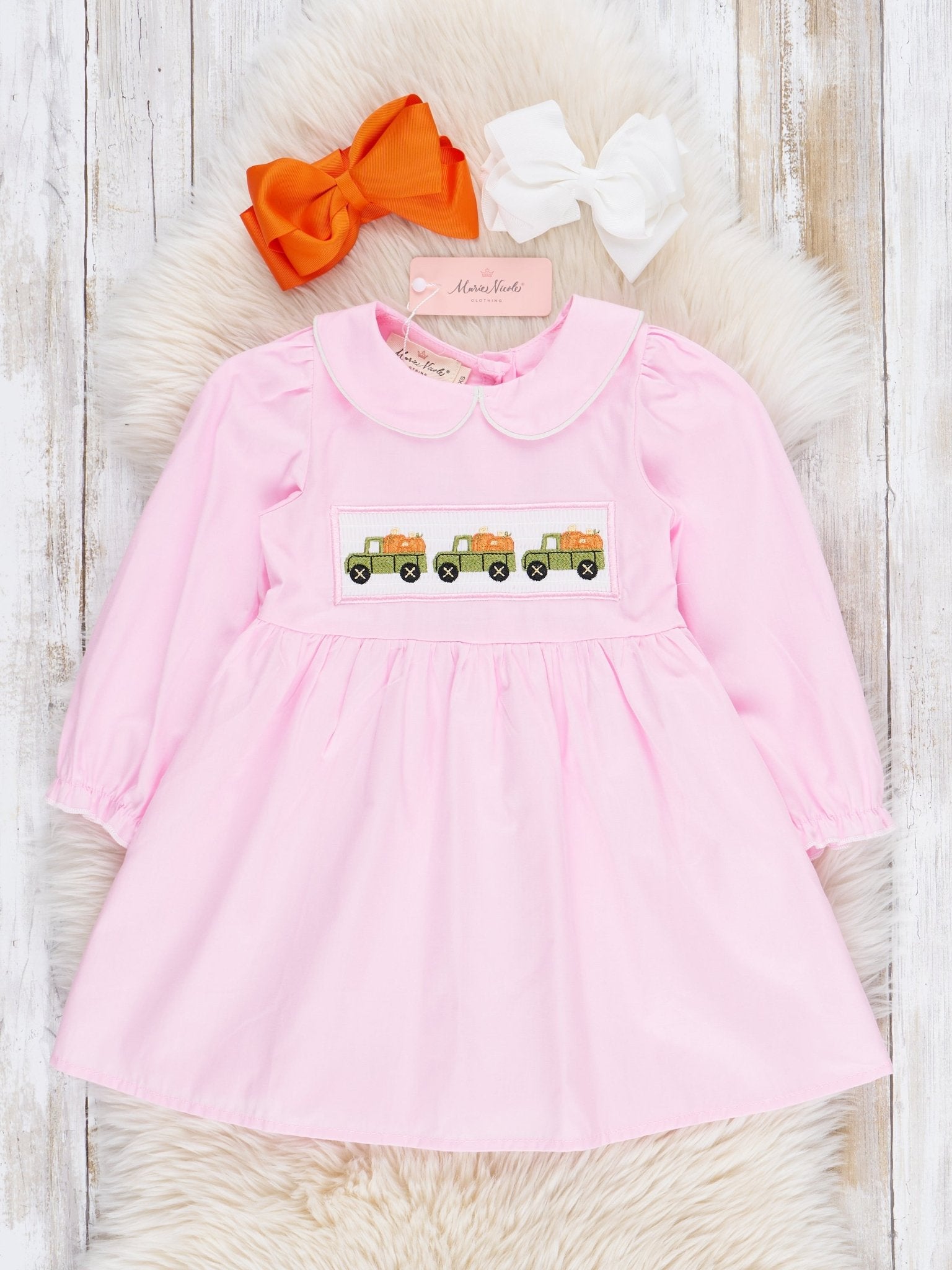 Pink Cotton Pumpkin Truck Smocked Dress - Marie Nicole Clothing