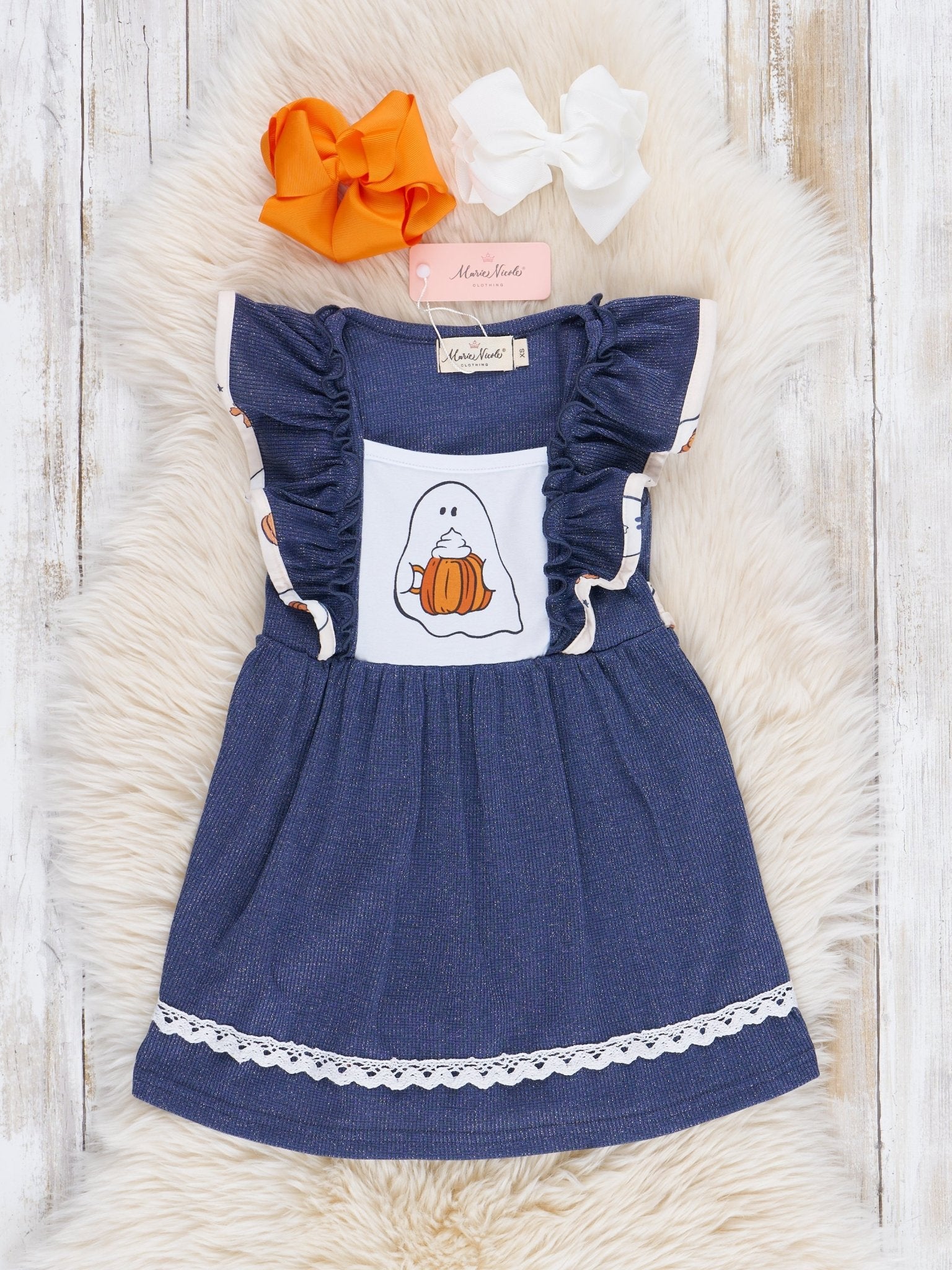 Pumpkin Spice Ghost Ruffle Dress - Marie Nicole Clothing