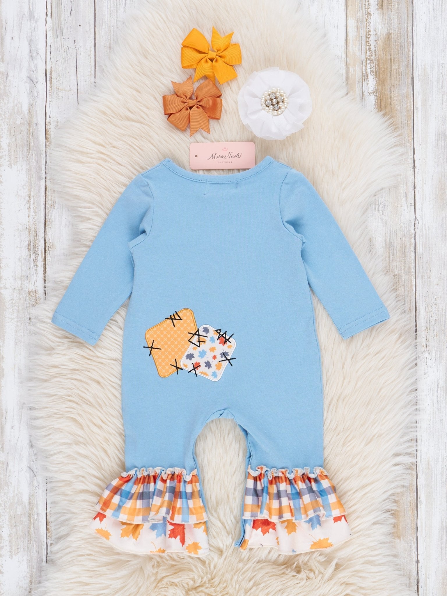 Soft Blue & Orange Gingham Patch Ruffle Romper - Marie Nicole Clothing