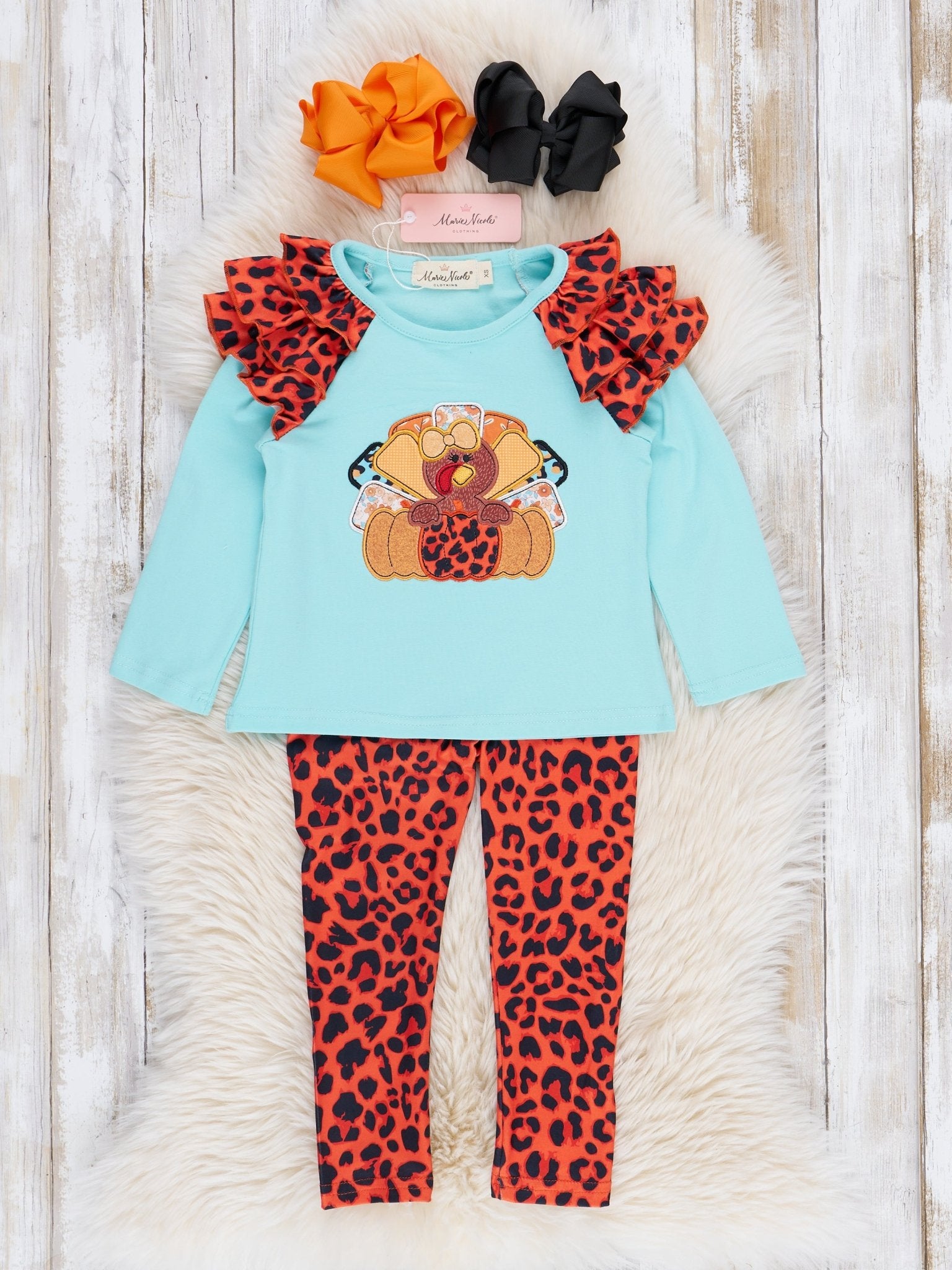 Aqua & Leopard Embroidered Turkey Ruffle Outfit - Marie Nicole Clothing