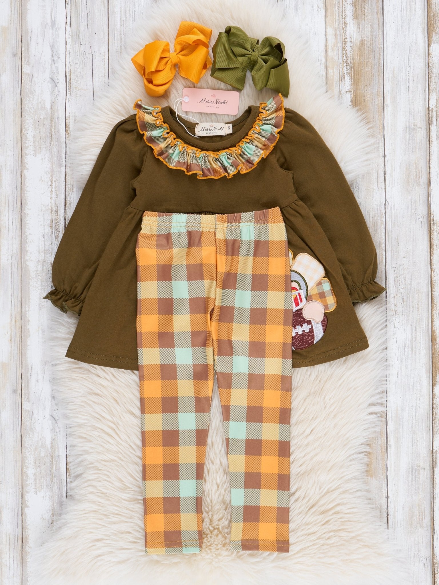Olive Embroidered Turkey Ruffle Outfit - Marie Nicole Clothing
