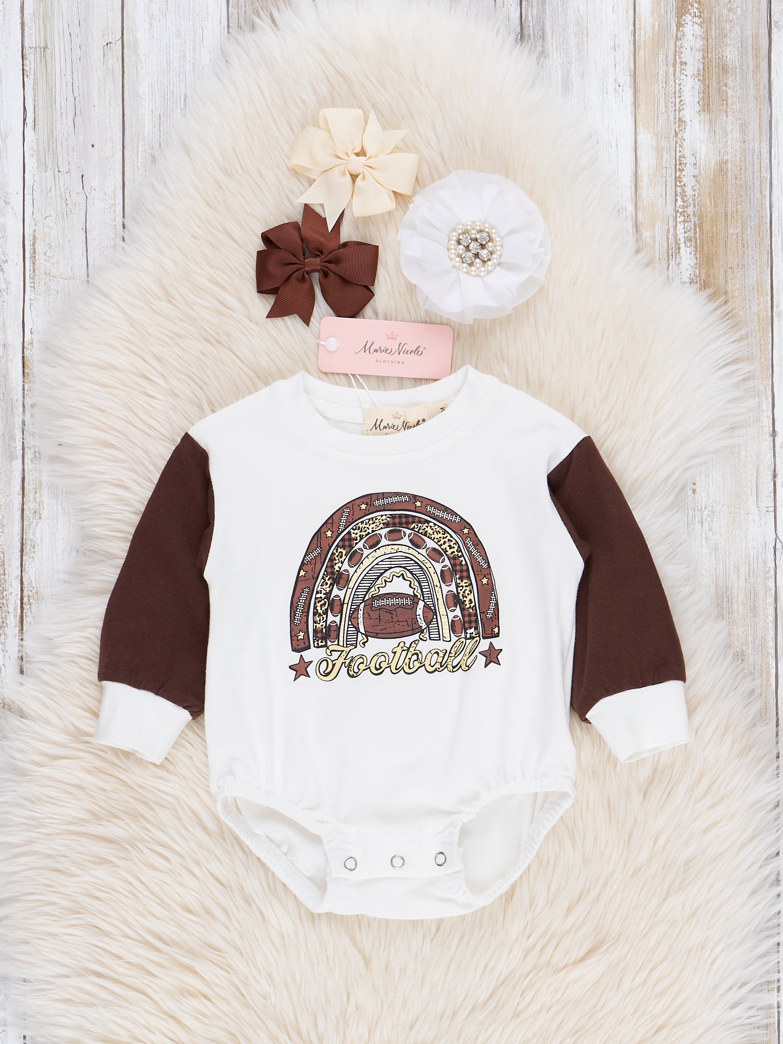 Brown Football Rainbow Bubble Romper - Marie Nicole Clothing