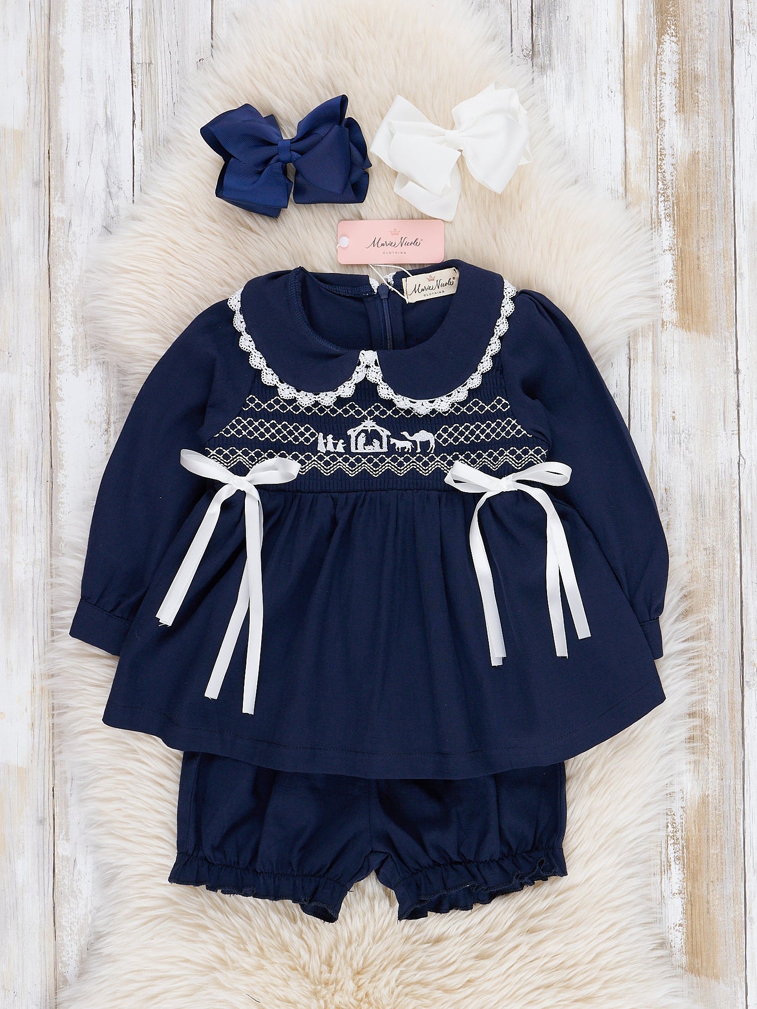 navy blue smocked nativity dress Navy Corduroy Smocked Collared Dress