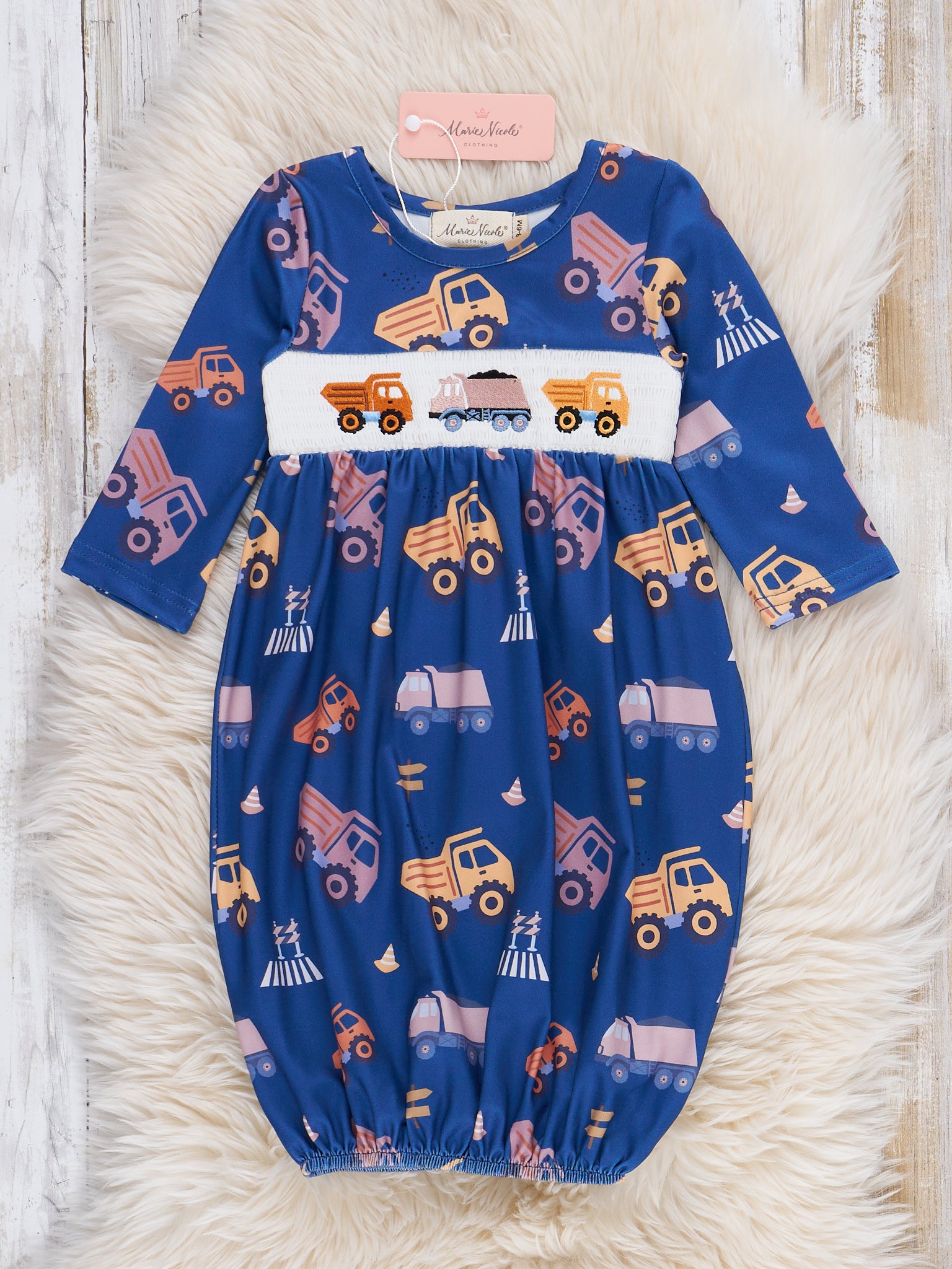 Infant Boy Wheels Pajamas Truck Stop Baby Smocked Gown Marie Nicole 0/3MOS