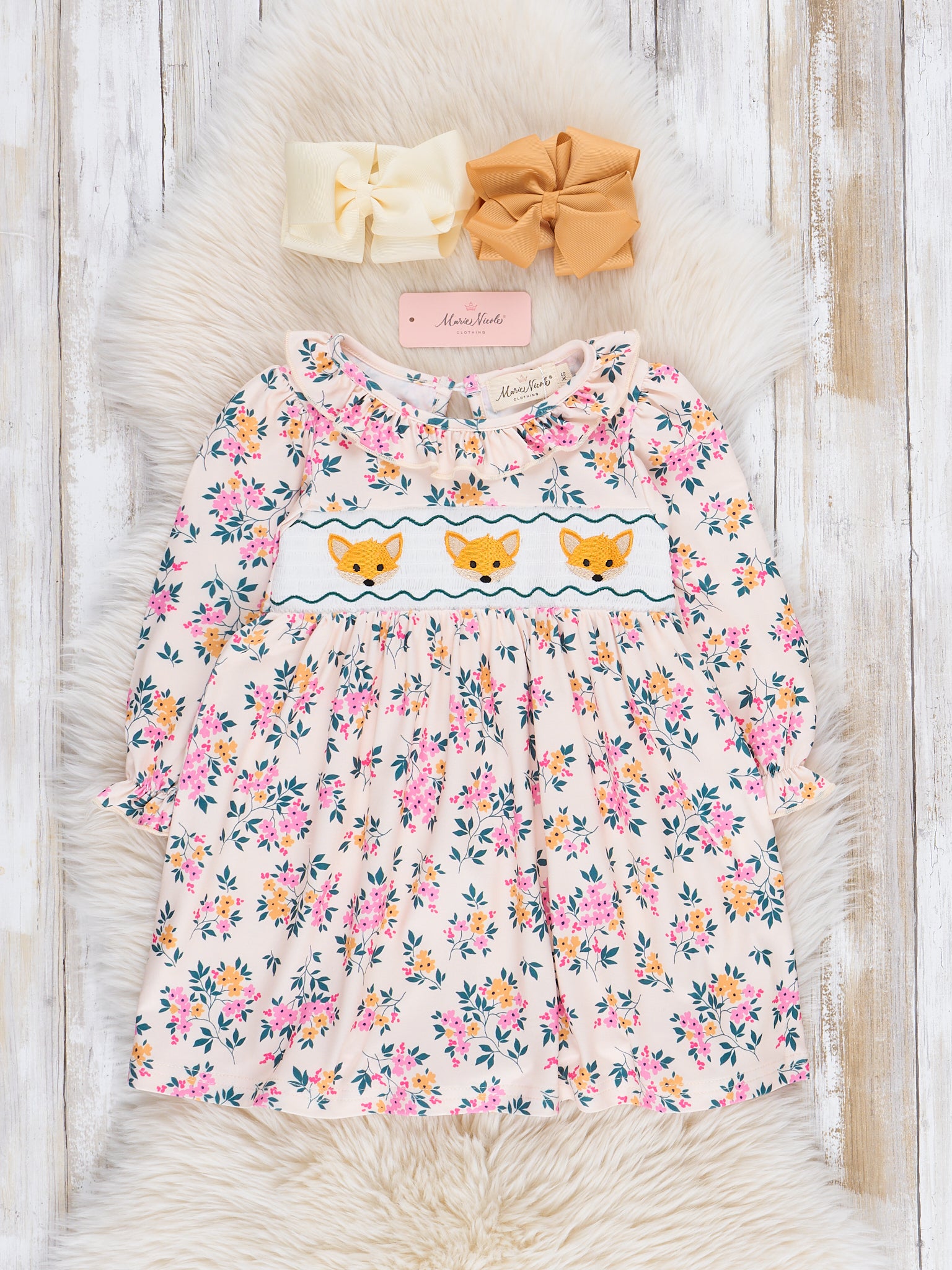 Hunter Green Floral Smocked Little Fox Dress - Marie Nicole Clothing XXS(12/18mos) Hunter Green Floral Smocked Little Fox Dress - Marie Nicole Clothing XXS(12/18mos)