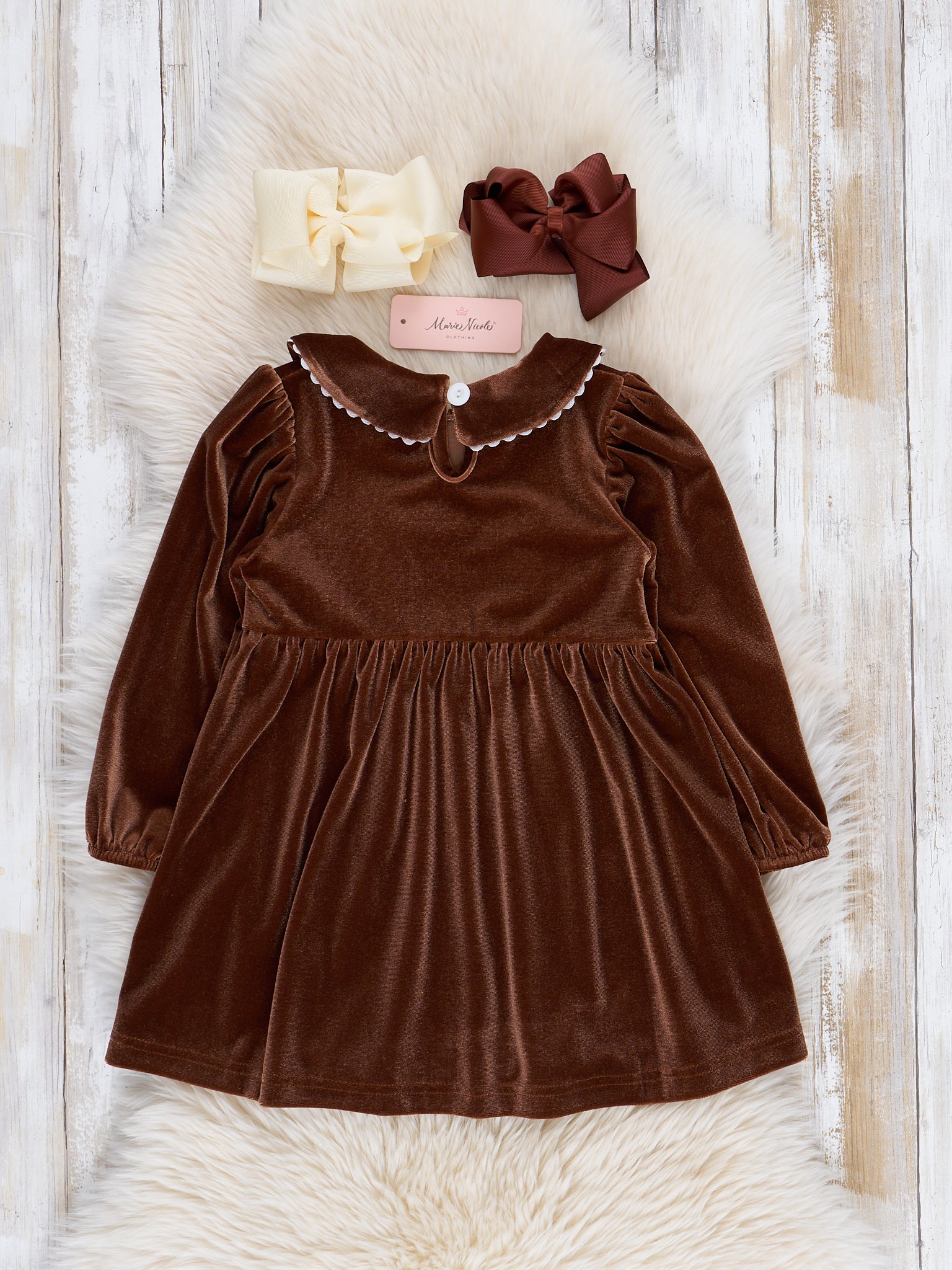 Brown Velvet Autumn Smocked Dress - Marie Nicole Clothing Brown Velvet Autumn Smocked Dress - Marie Nicole Clothing