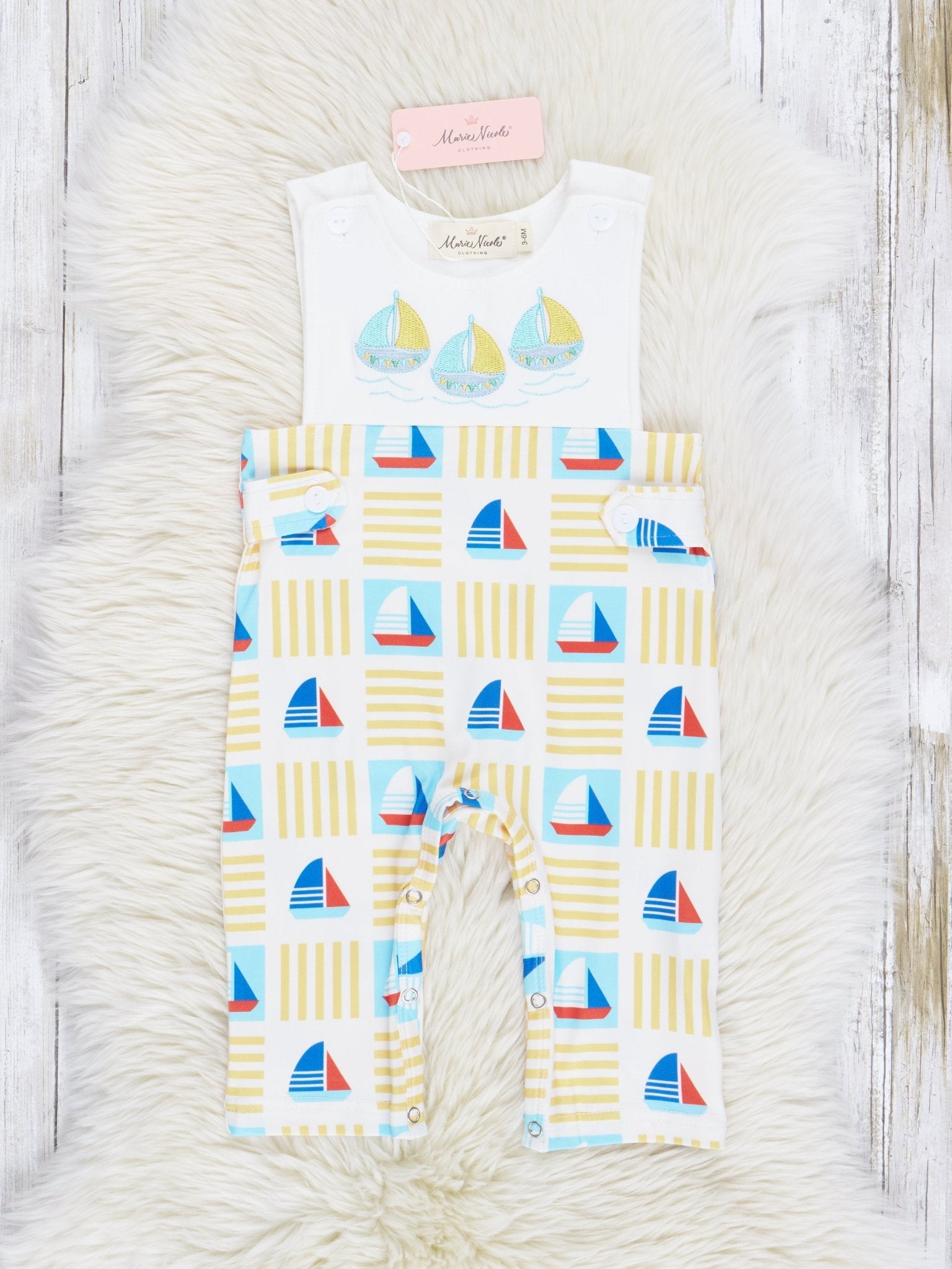 Yellow & Blue Embroidered Sailboats Johnny - Marie Nicole Clothing