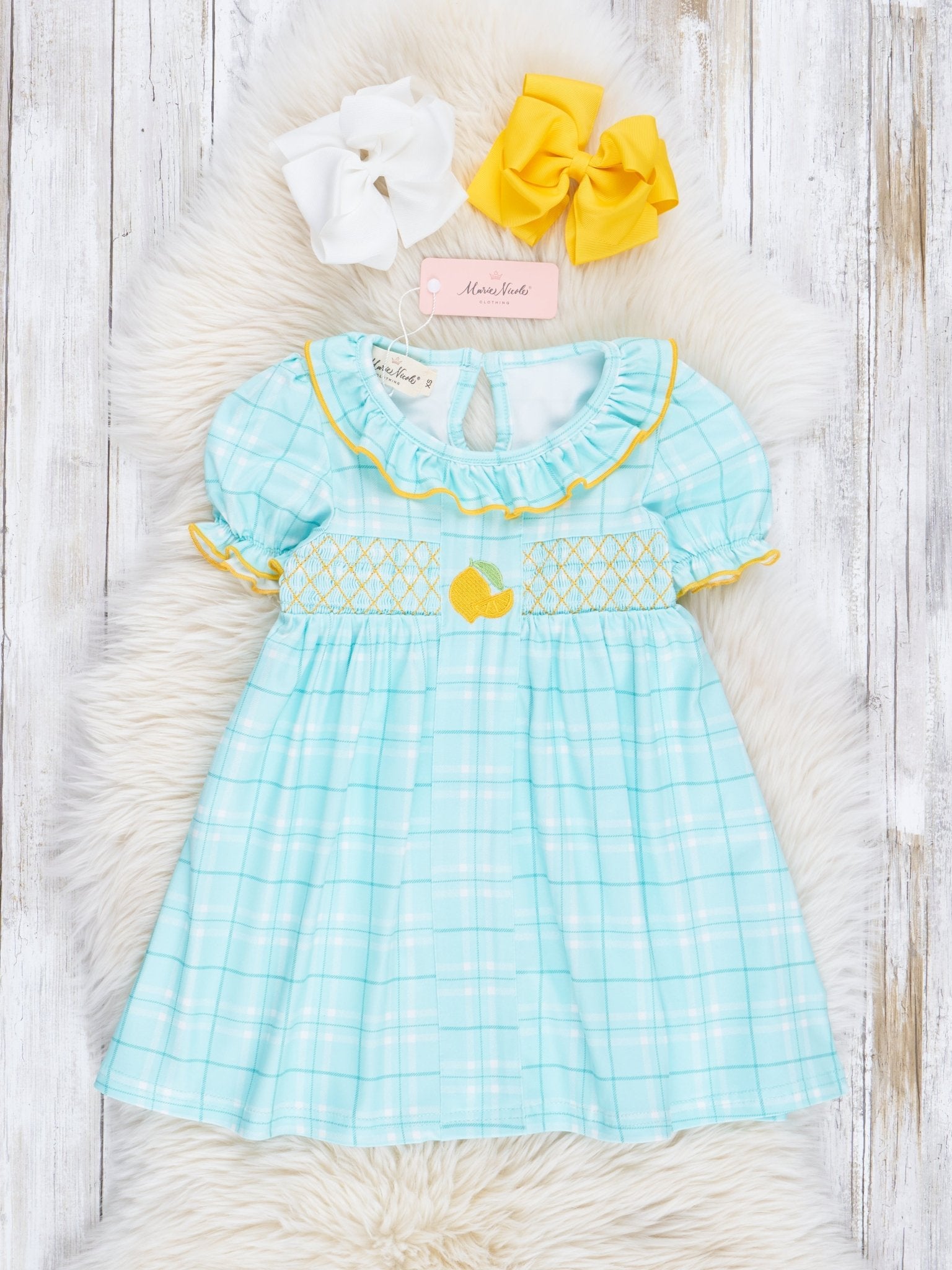 Teal Plaid Smocked Lemons Ruffle Dress - Marie Nicole Clothing