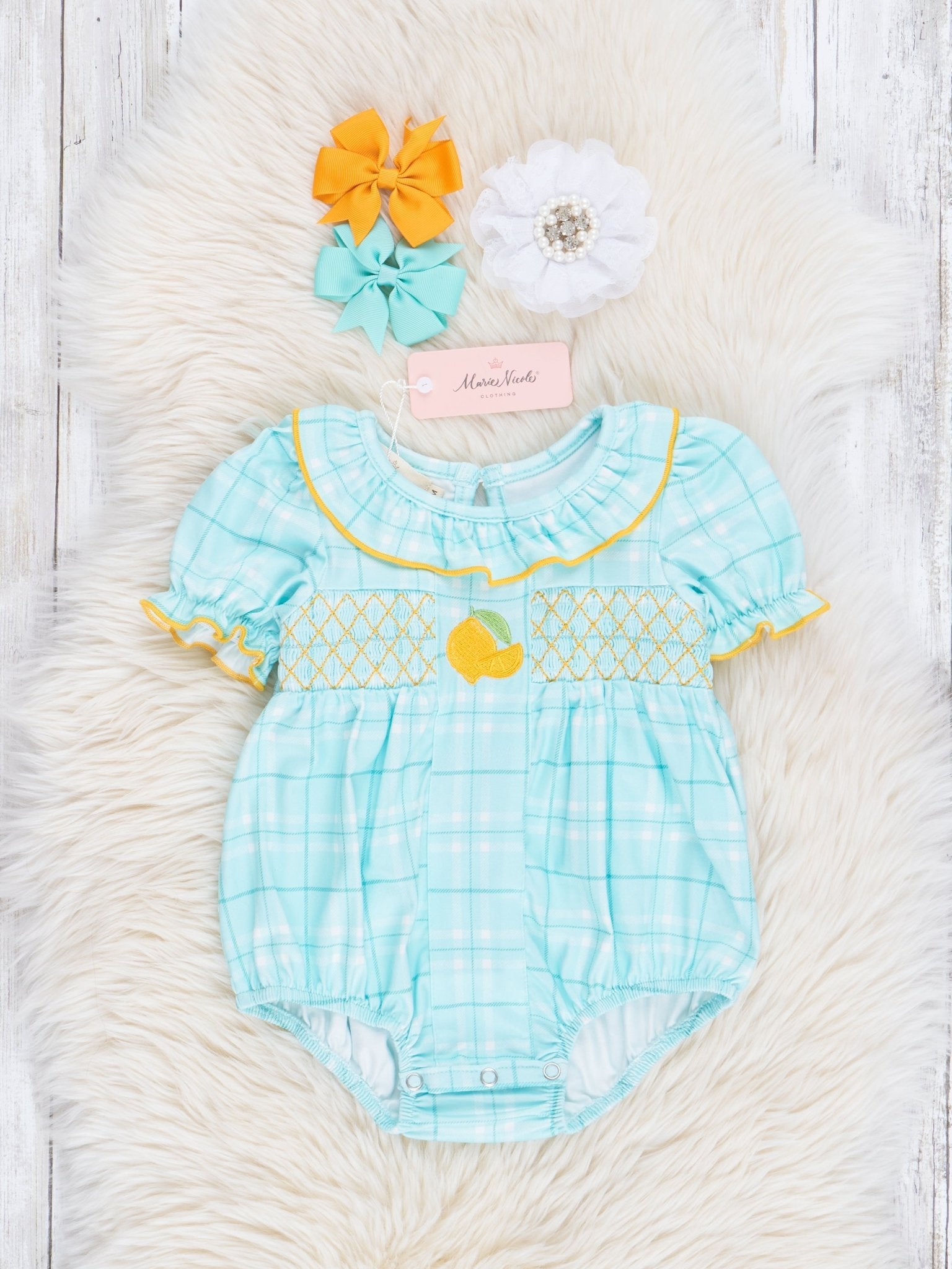 Teal Plaid Smocked Lemons Ruffle Bubble Romper - Marie Nicole Clothing