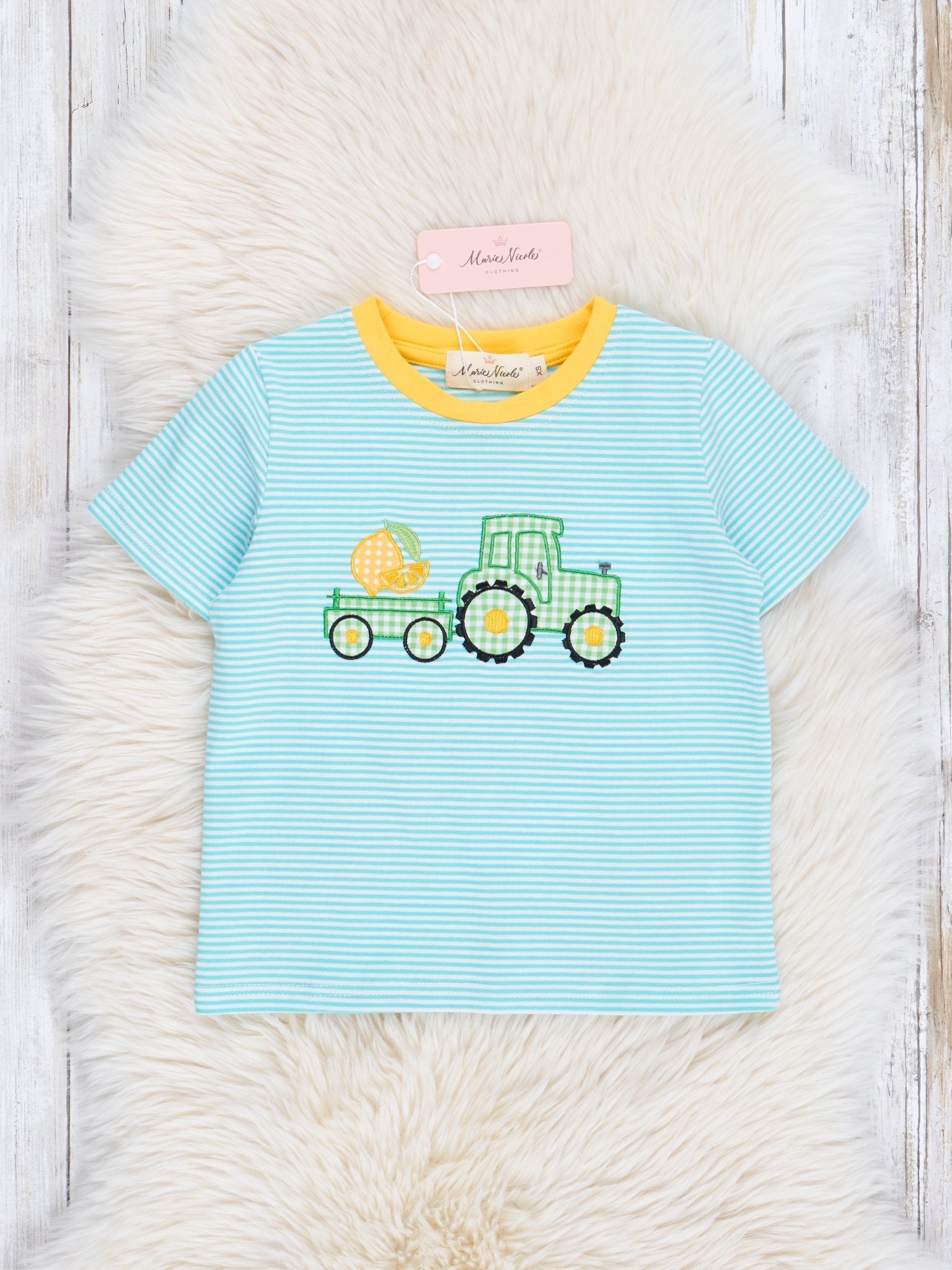 Teal Embroidered Lemon Tractor Shirt - Marie Nicole Clothing