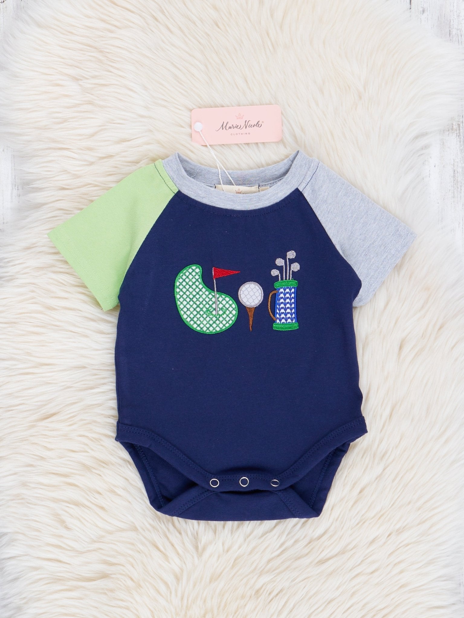 Navy Embroidered Golf Raglan Bubble Romper - Marie Nicole Clothing