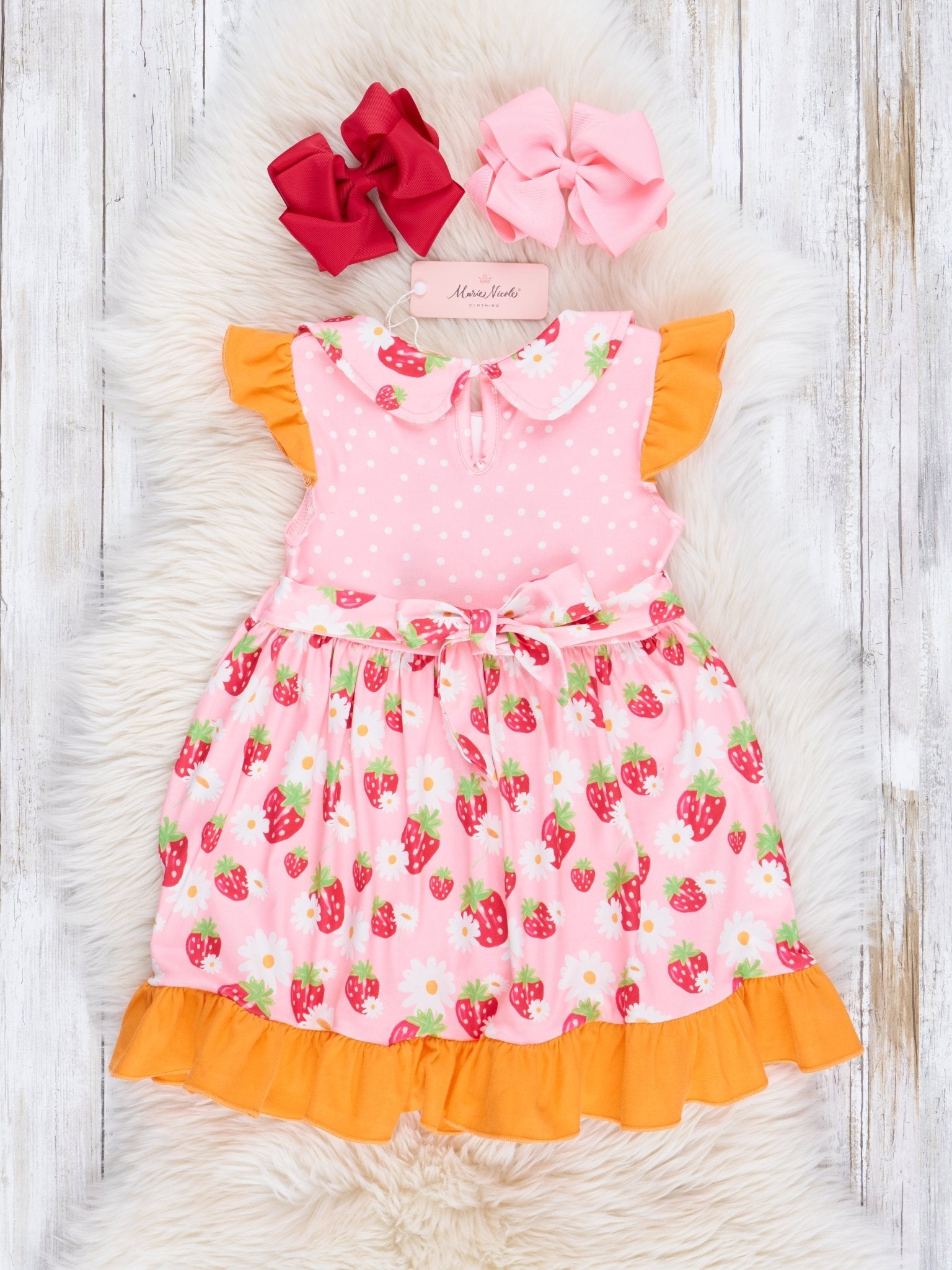 Pink & Orange Strawberries Ruffle Dress - Marie Nicole Clothing