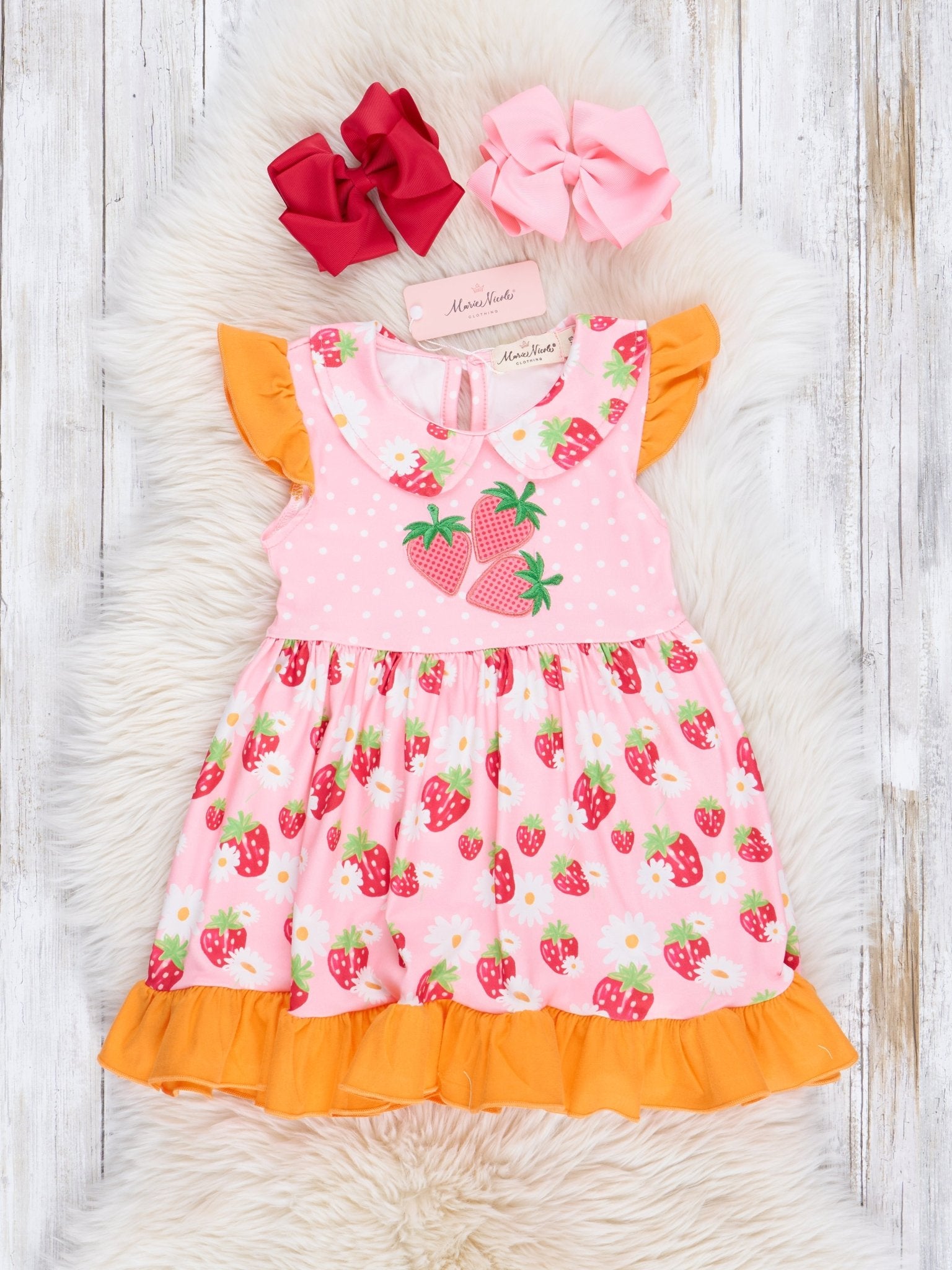 Pink & Orange Strawberries Ruffle Dress - Marie Nicole Clothing