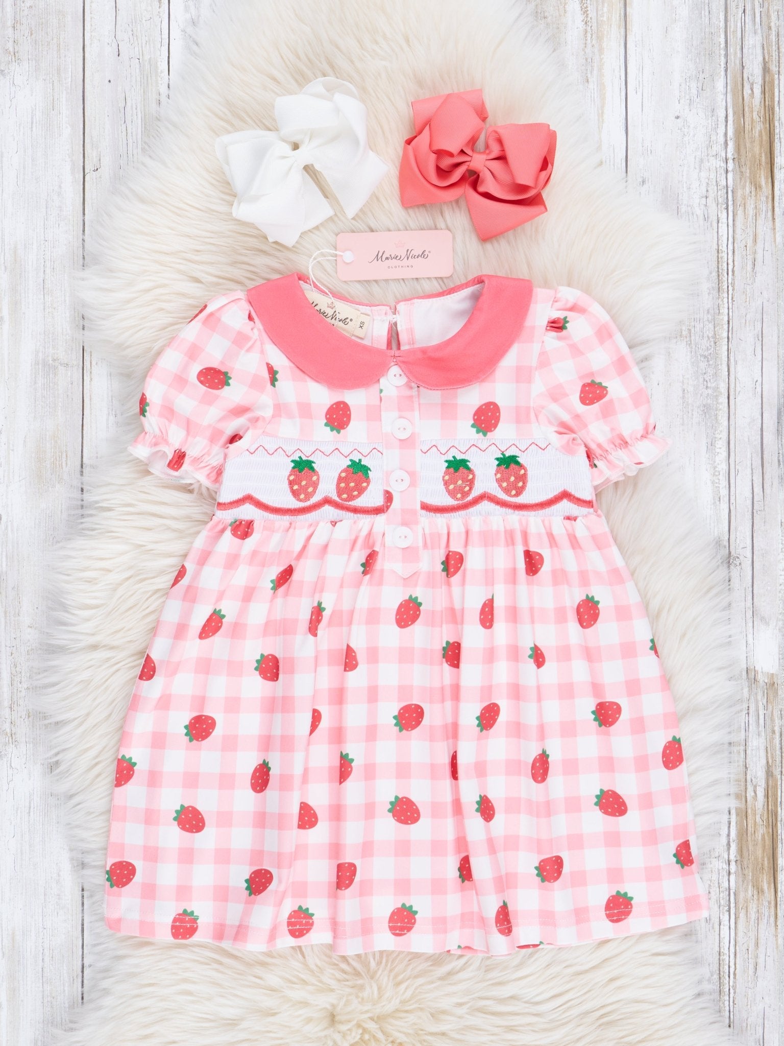 Smocked Strawberry Gingham Dress - Marie Nicole Clothing
