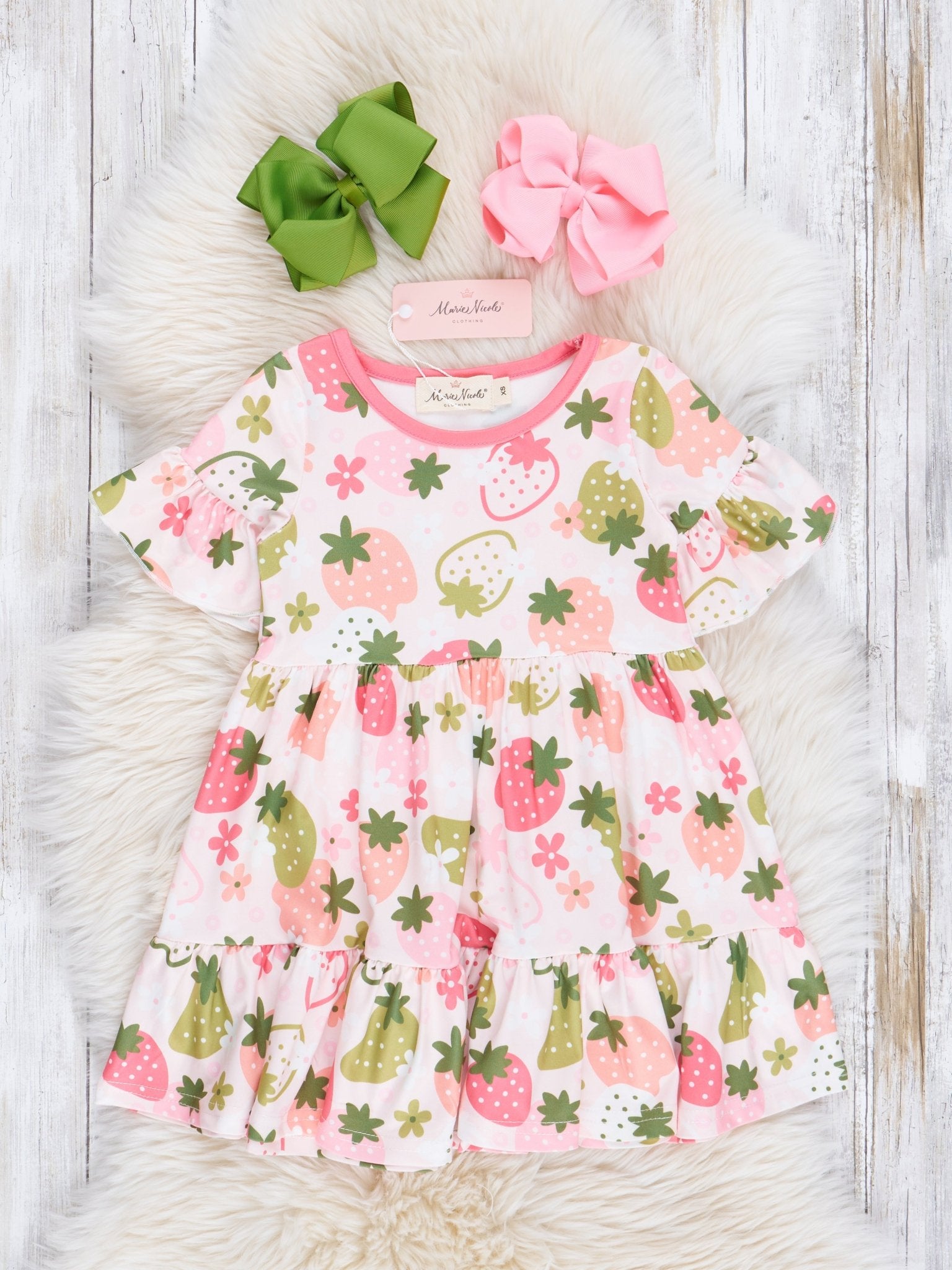 Pink & Green Strawberries Ruffle Dress - Marie Nicole Clothing
