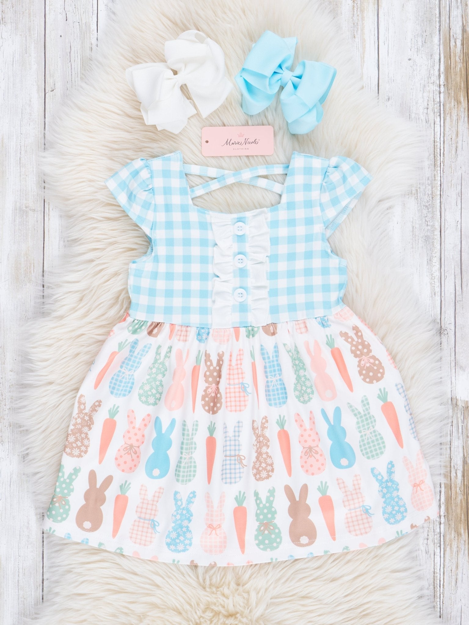 Blue Gingham Bunnies Dress - Marie Nicole Clothing