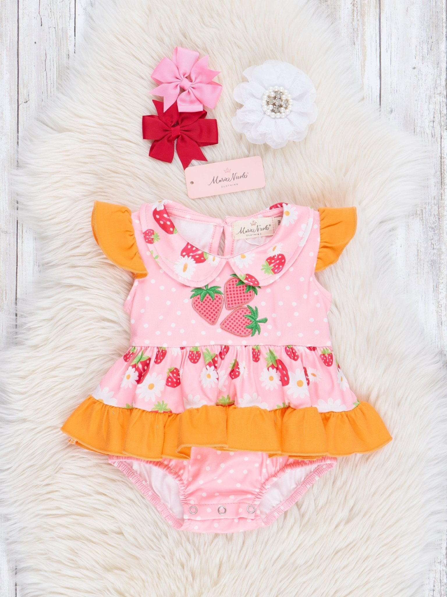 Pink & Orange Strawberries Ruffle Bubble Romper - Marie Nicole Clothing