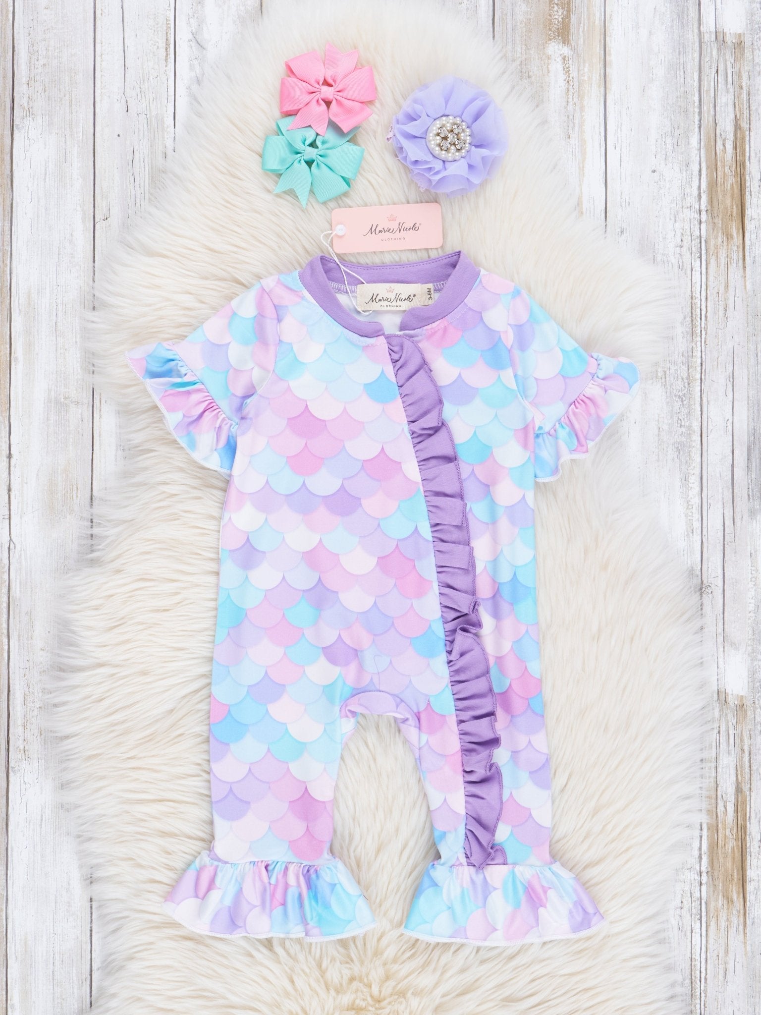Purple Rainbow Mermaid Vibes Ruffle Romper - Marie Nicole Clothing