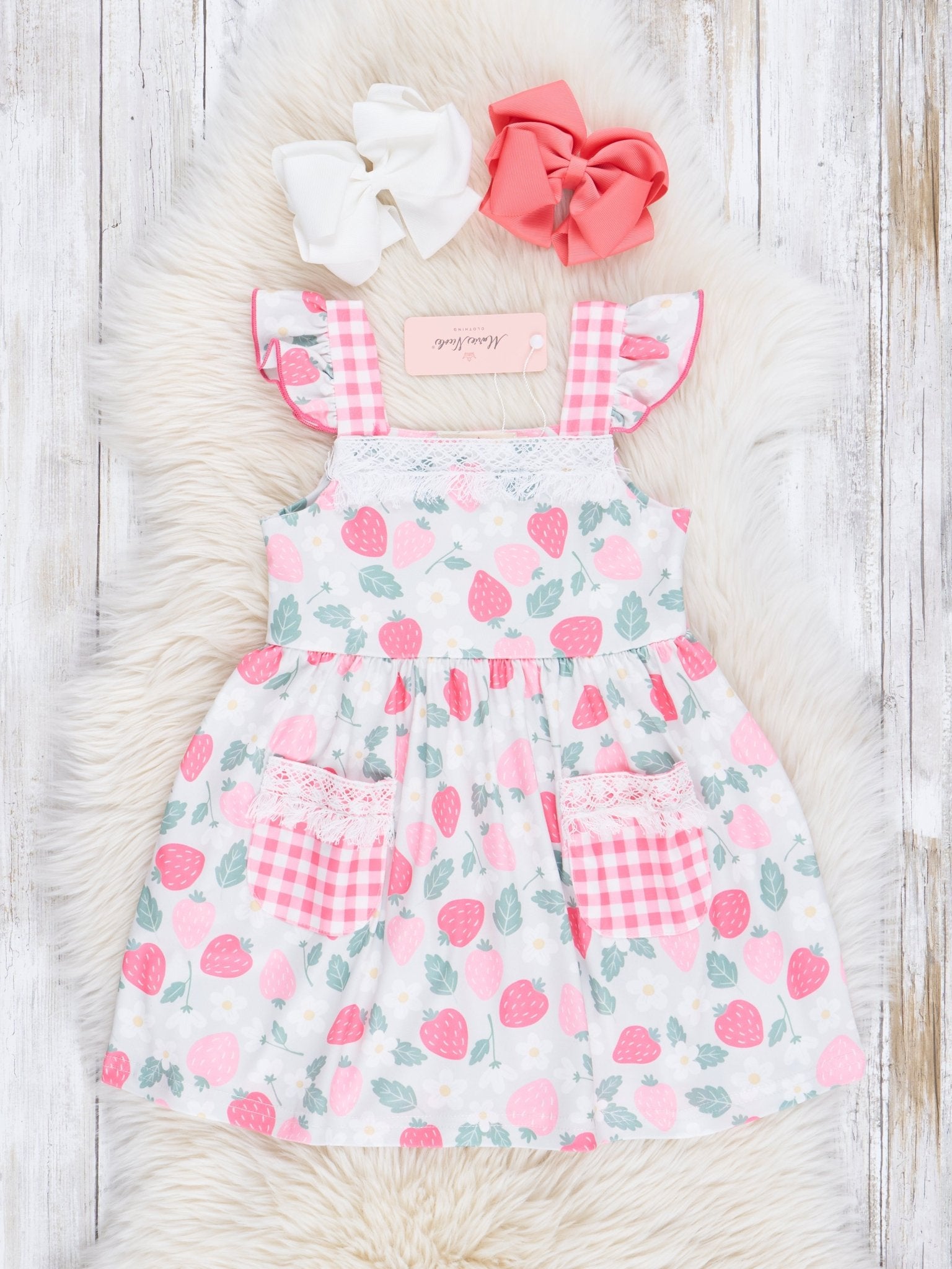 Coral Gingham Lace Trim Strawberry Dress - Marie Nicole Clothing