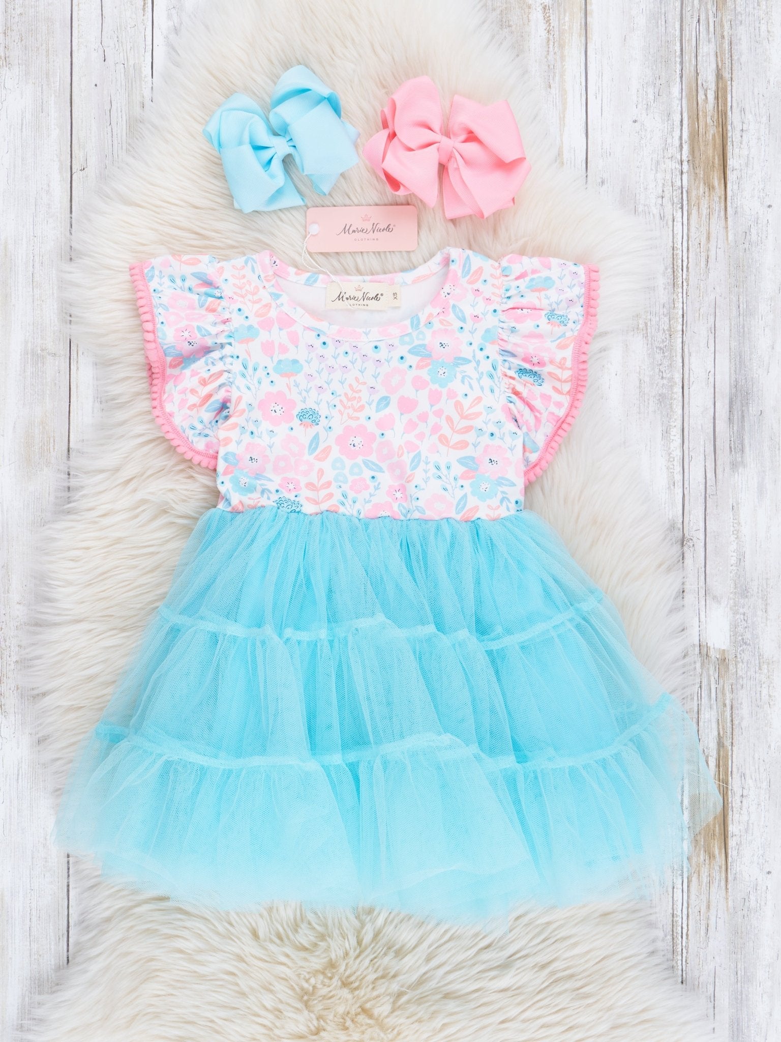 Pink & Blue Ditsy Florals Tulle Dress - Marie Nicole Clothing