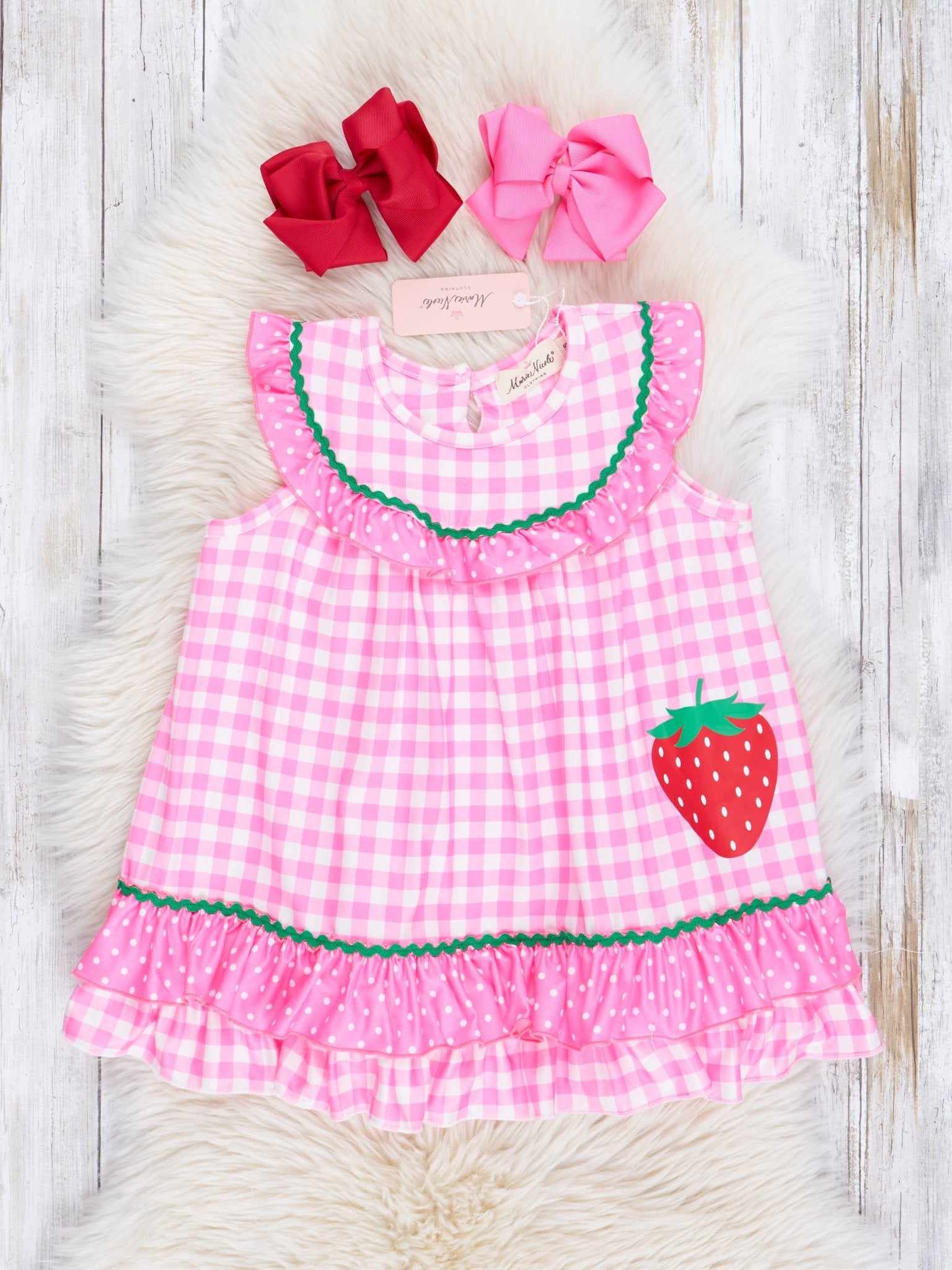 Pink Gingham Strawberries Dress - Marie Nicole Clothing