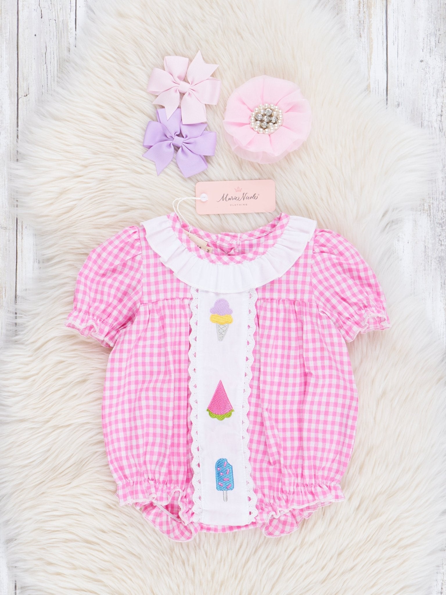 Rose Sweet Treats Embroidered Plaid Bubble Romper - Marie Nicole Clothing