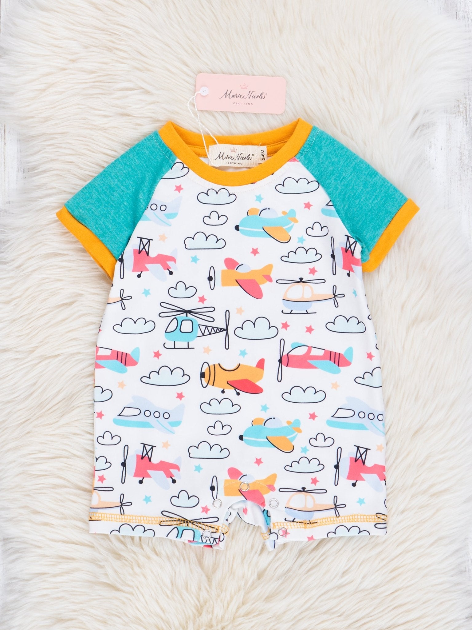 Turqouise Planes in the Clouds Romper - Marie Nicole Clothing
