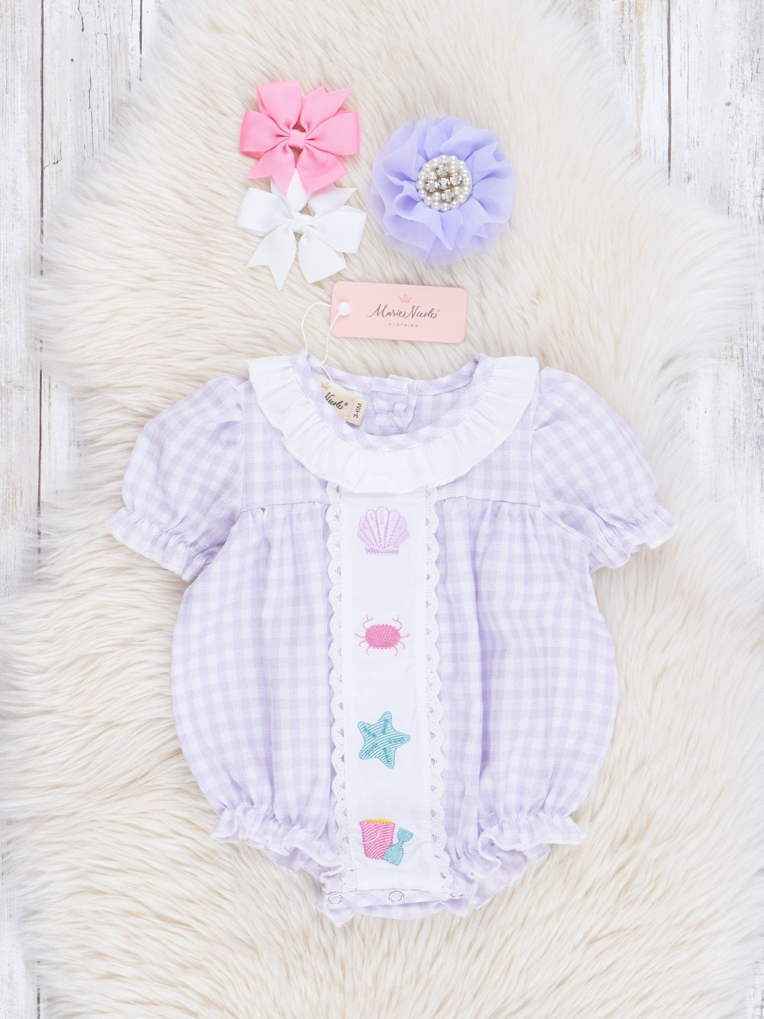 Lilac Beachy Embroidered Plaid Bubble Romper - Marie Nicole Clothing