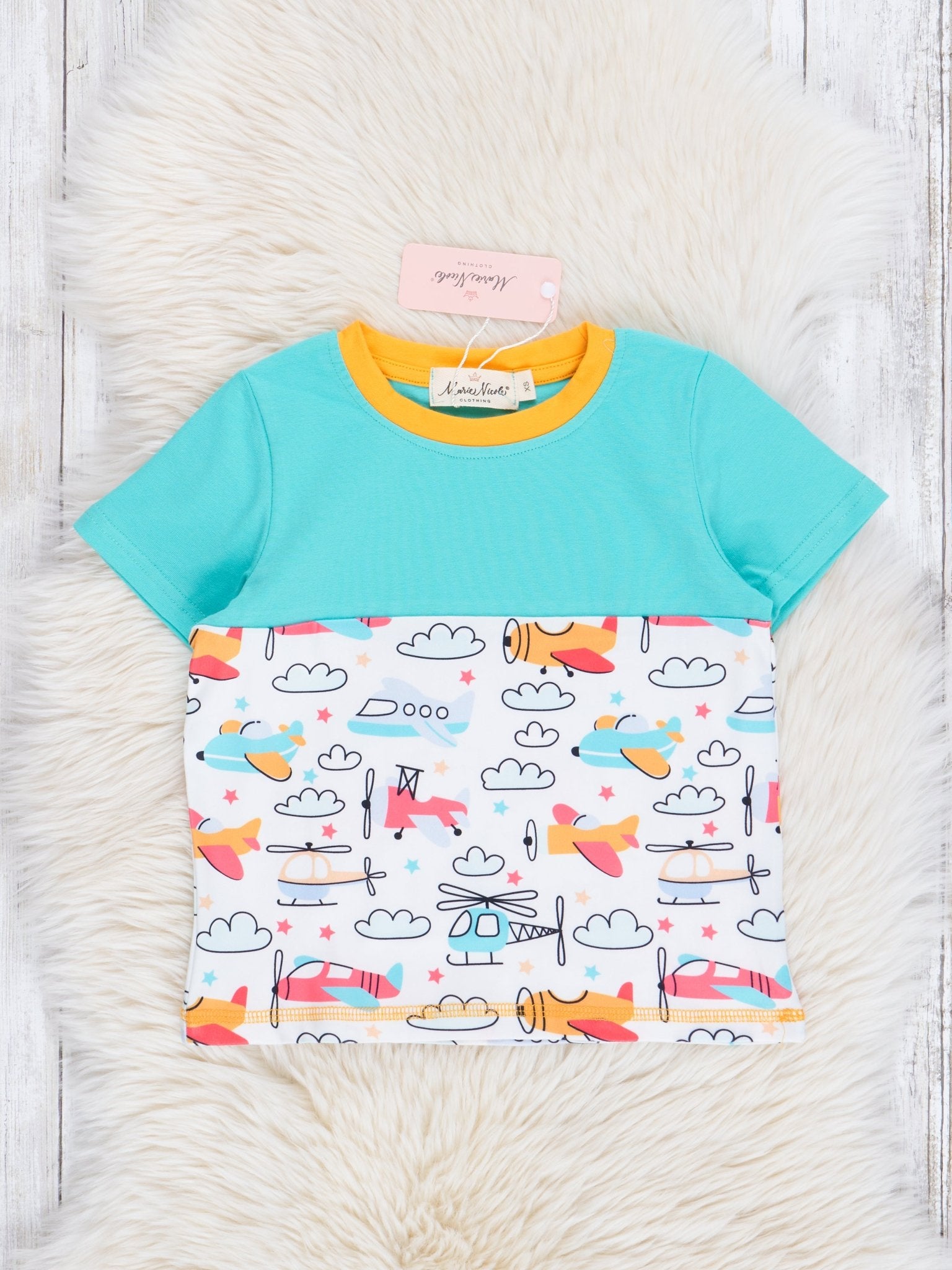 Turqouise Planes in the Clouds Shirt - Marie Nicole Clothing