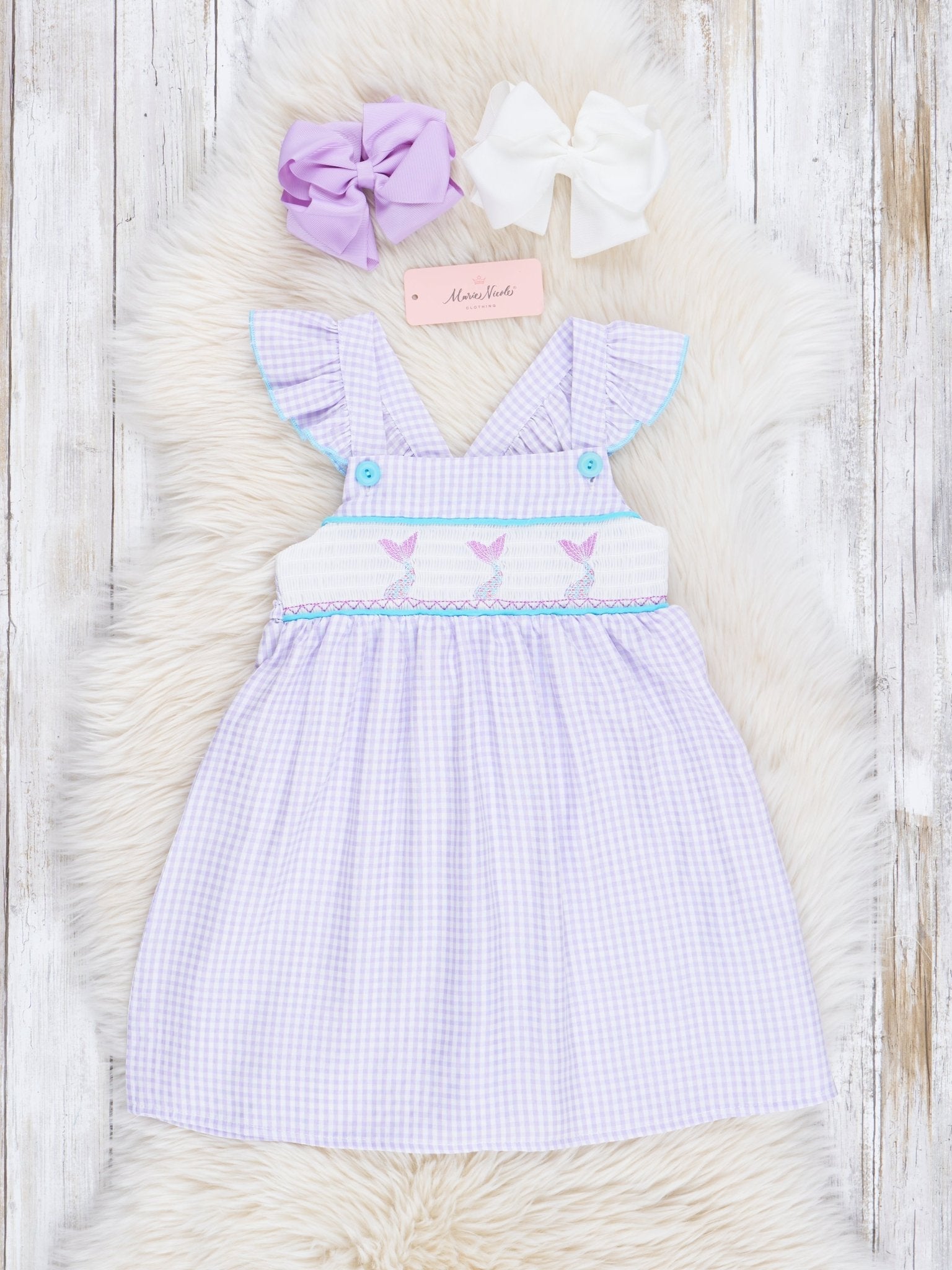 Purple Gingham Smocked Mermaid Ruffle Dress – Marie Nicole Clothing